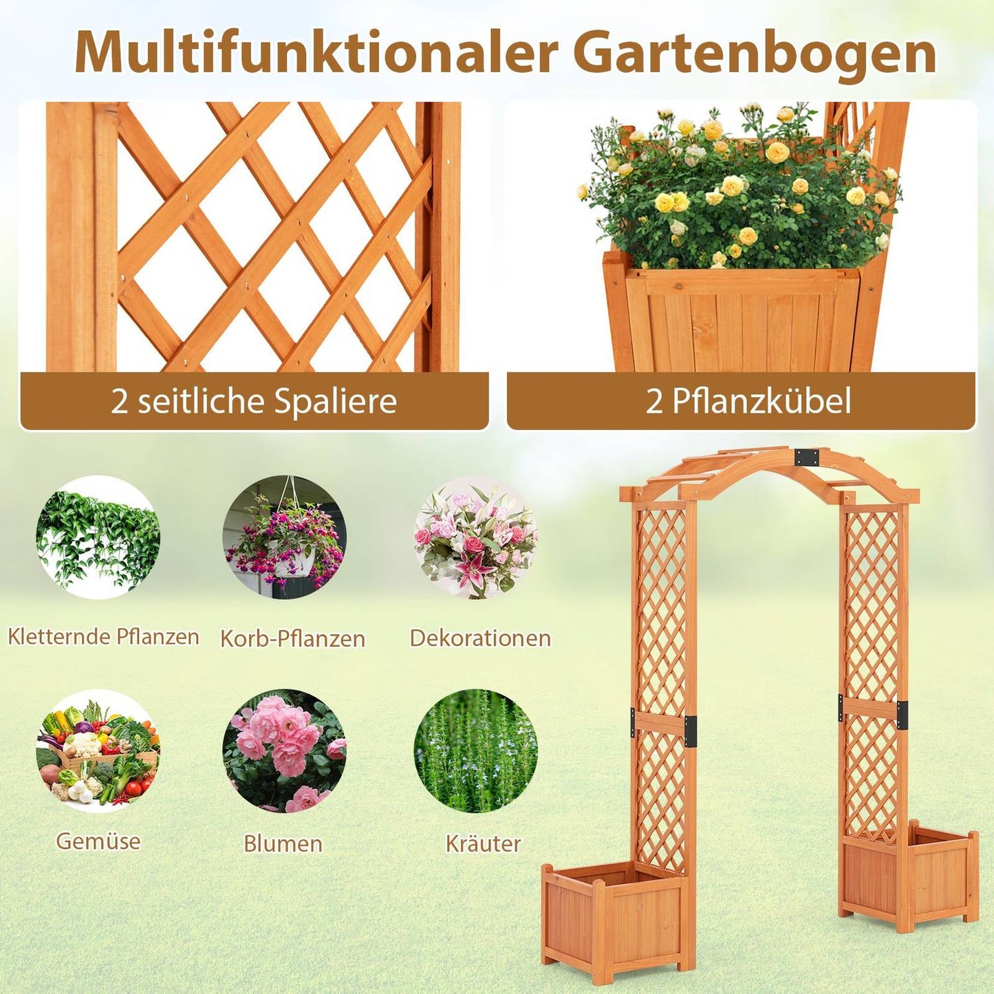 Garden Arch with Planters, Wooden Trellis for Climbing Plants