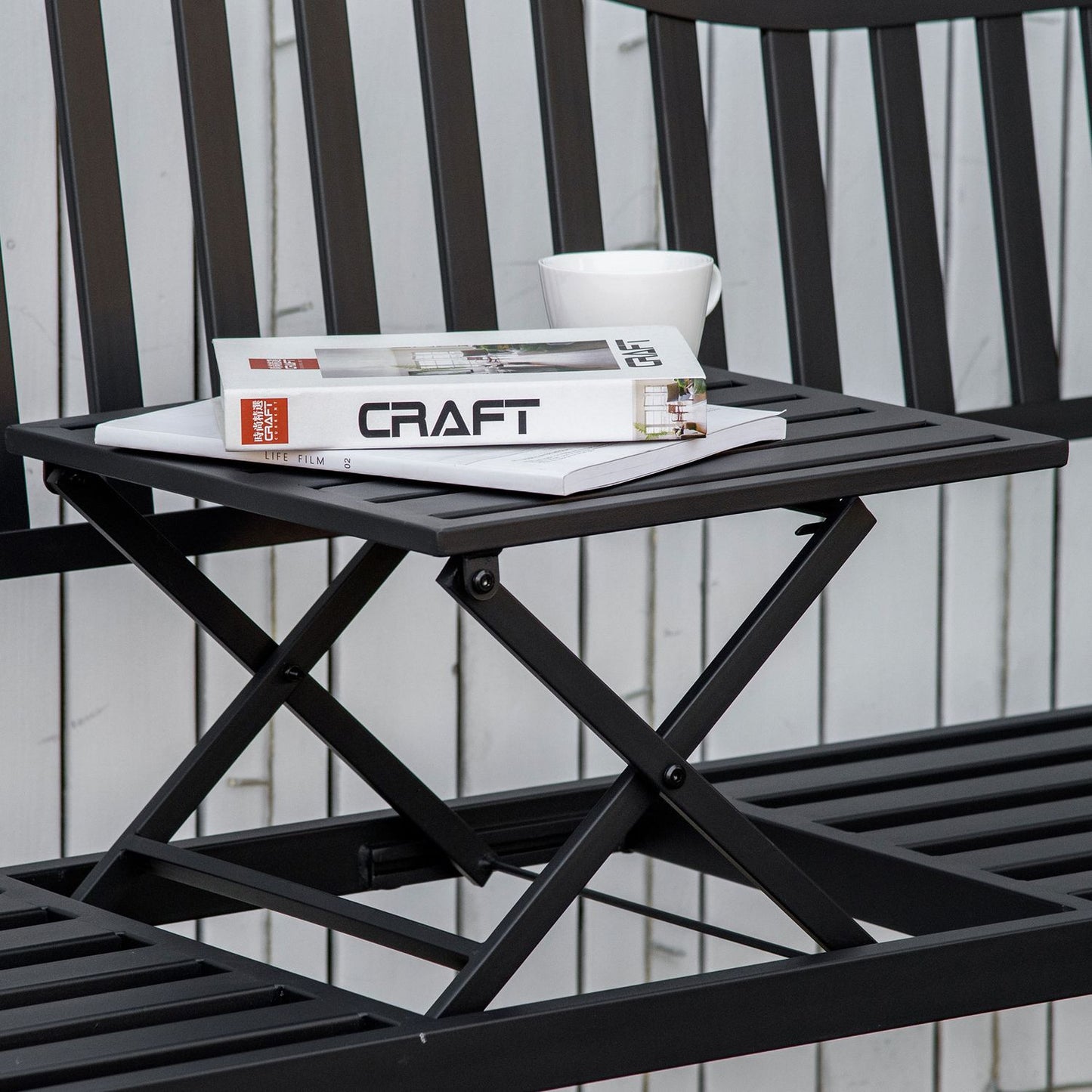Black metal park bench with extendable table, 150cm