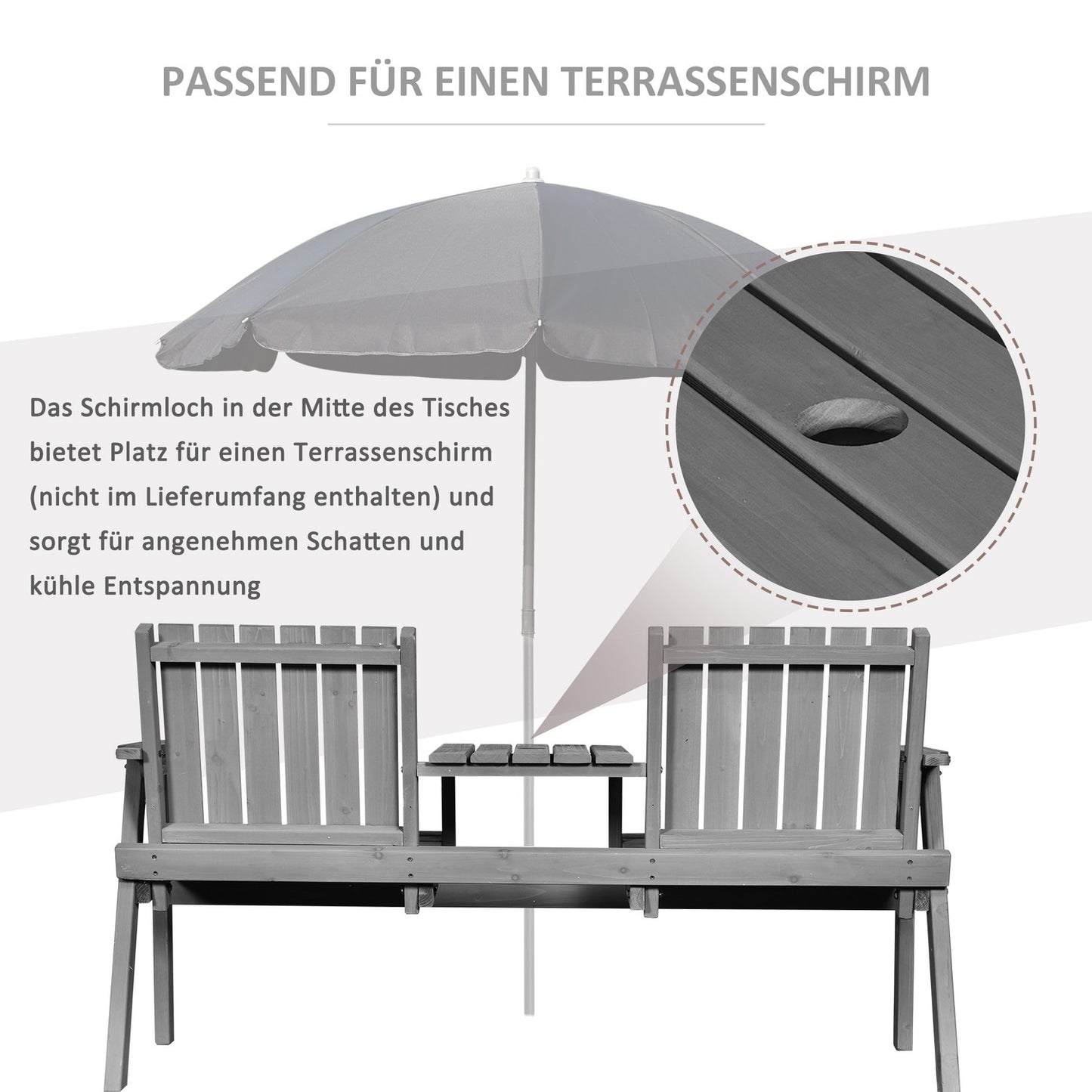Garden furniture set - gray solid wood, 2 seats, umbrella hole