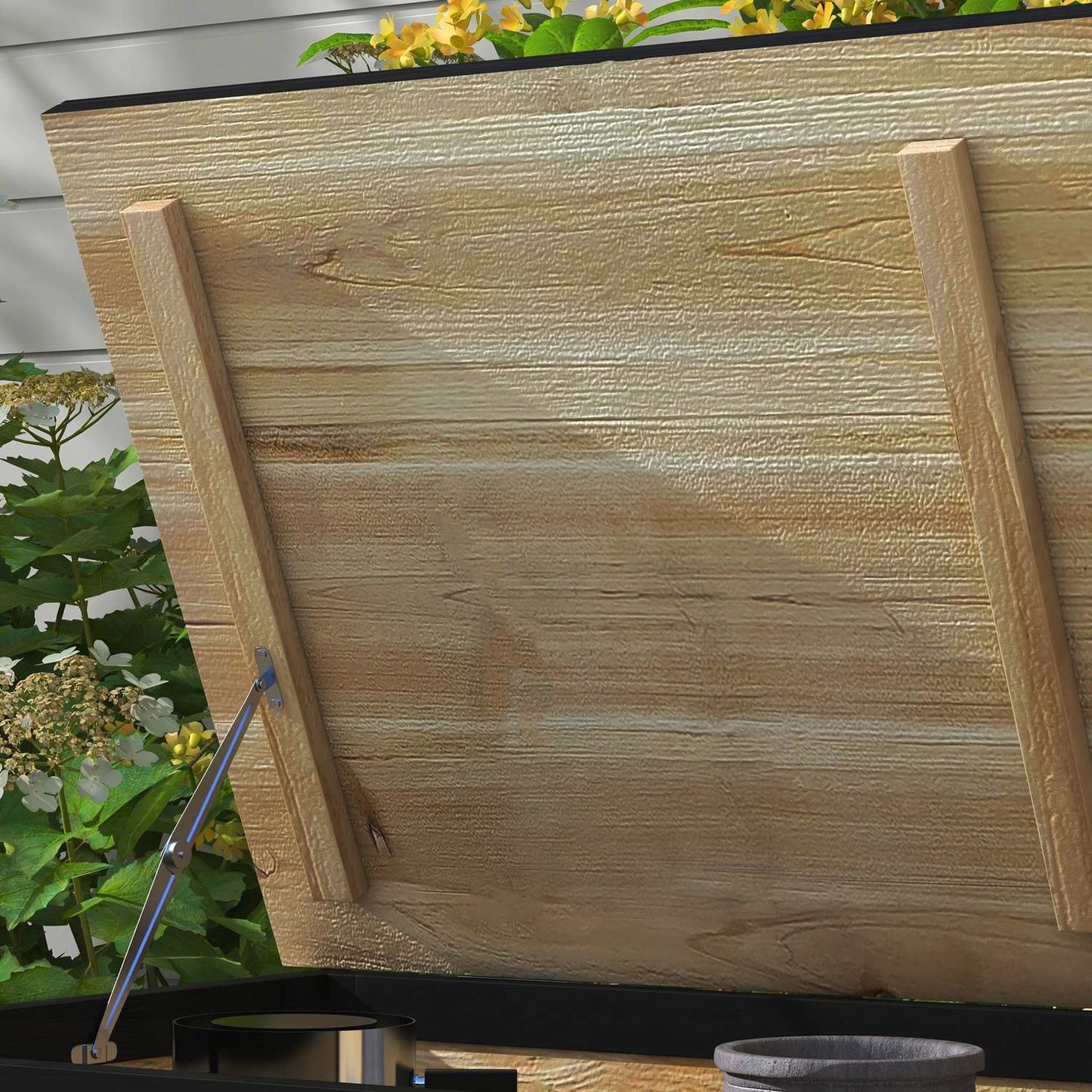 Weatherproof wooden storage box with wheels, 121L capacity
