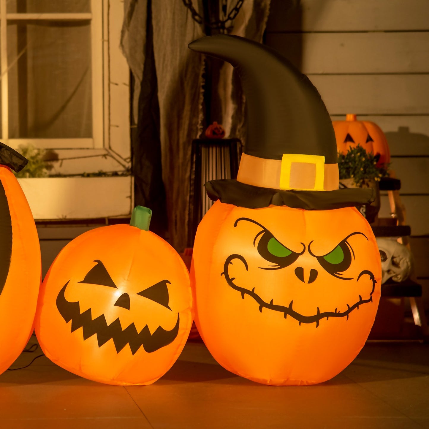 Inflatable Halloween pumpkin with witch hat and LED lights