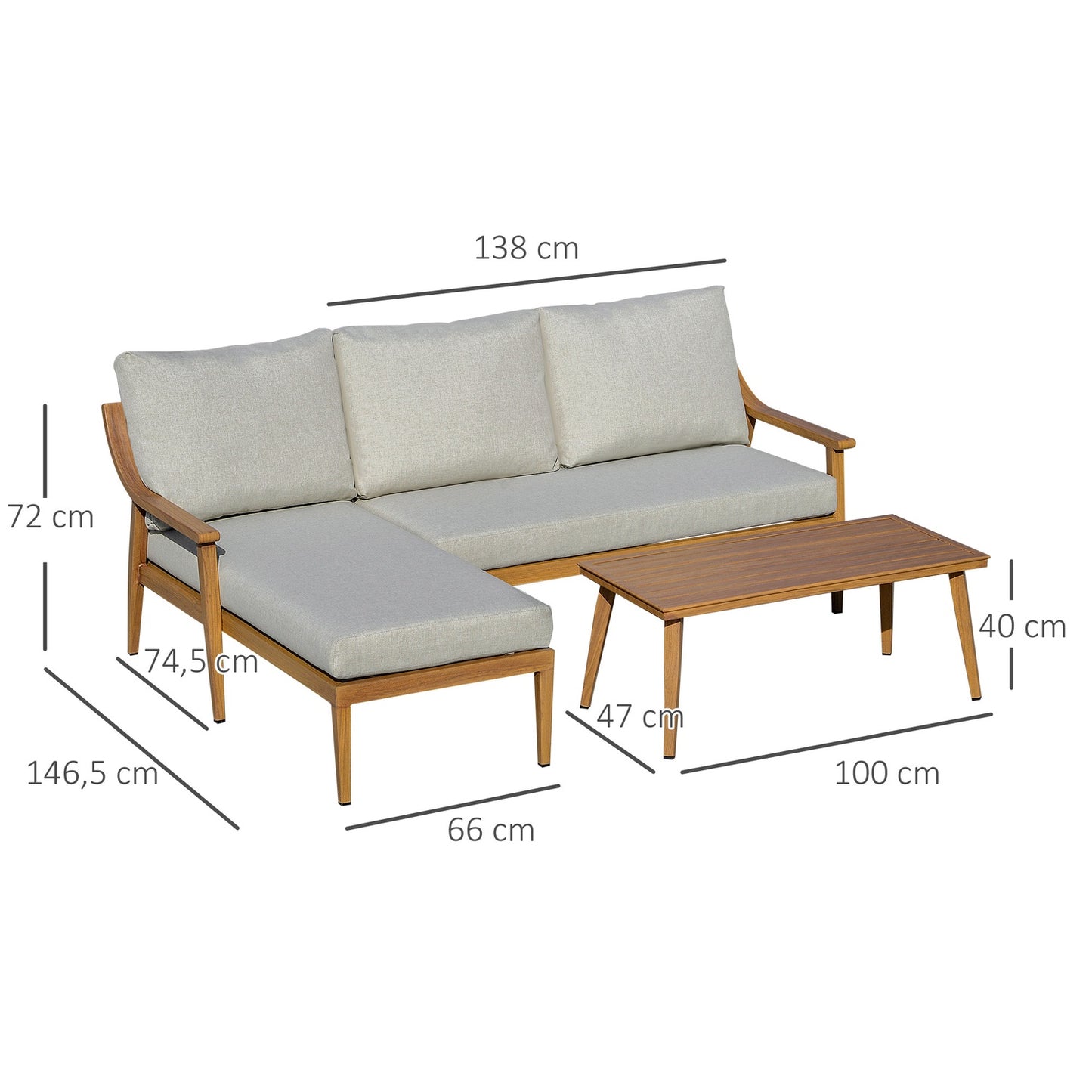 Garden furniture in 3 parts with chaise longue and table