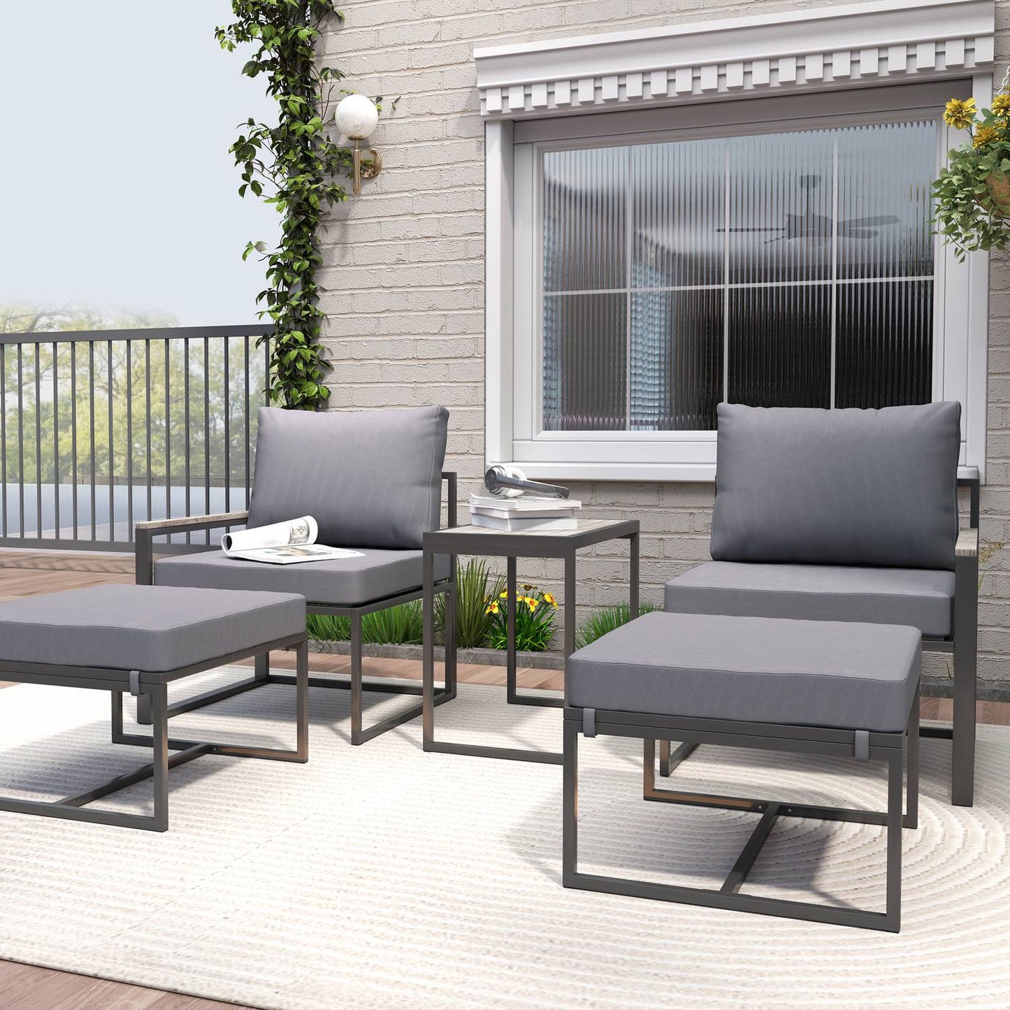 Outdoor steel balcony set - 2 seats, table and cushions