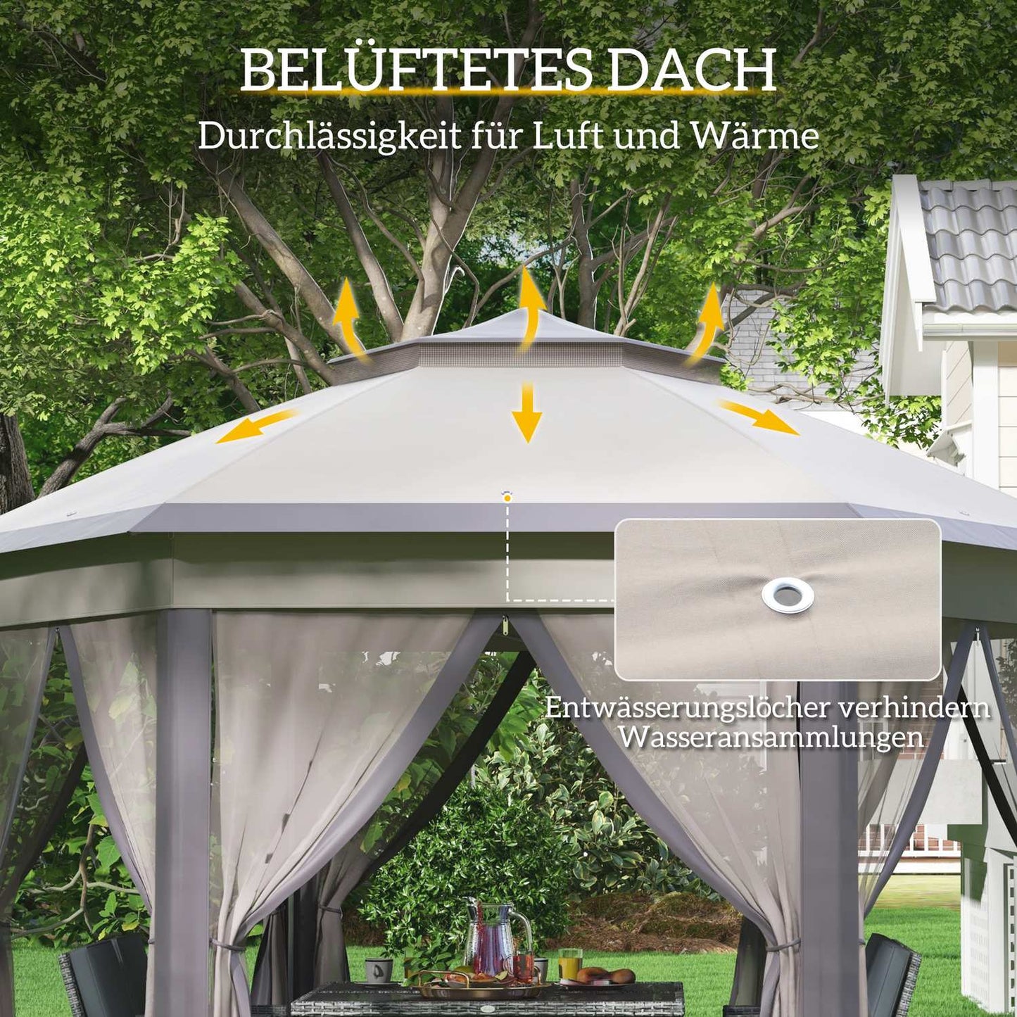 Hexagonal Garden Gazebo 4x4m with 6 side panels, pop-up tent
