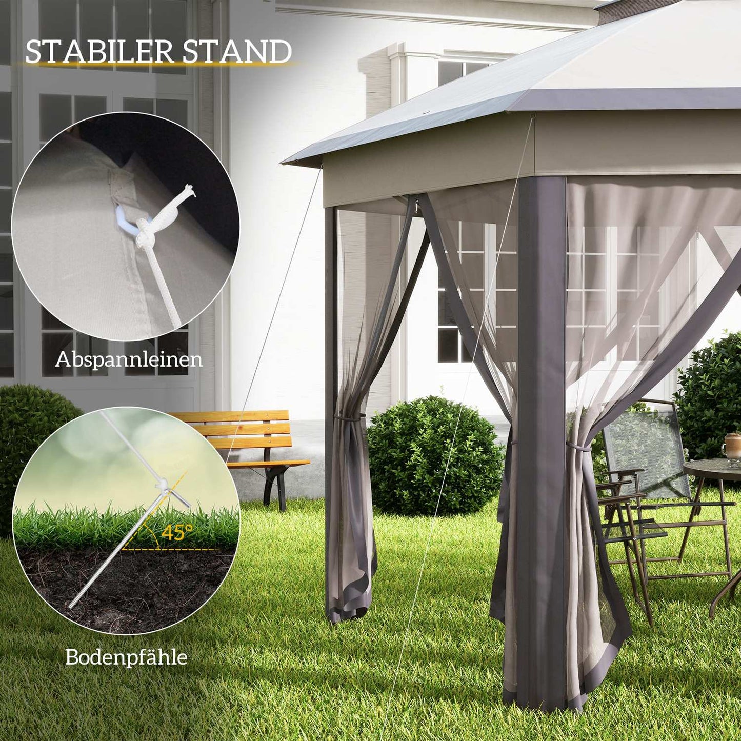 Hexagonal Garden Gazebo 4x4m with 6 side panels, pop-up tent