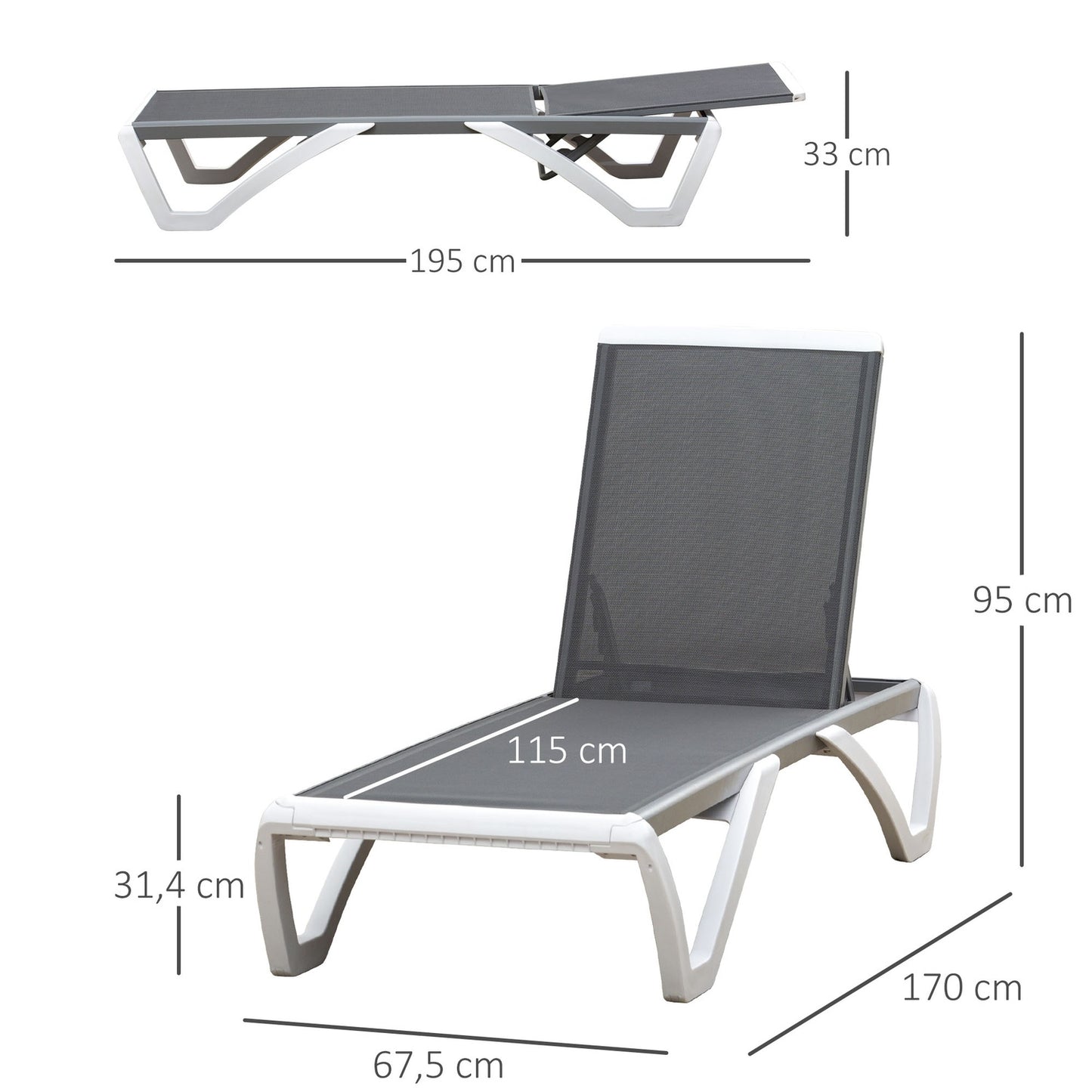 Adjustable sun lounger in aluminum - Ergonomic grey/white