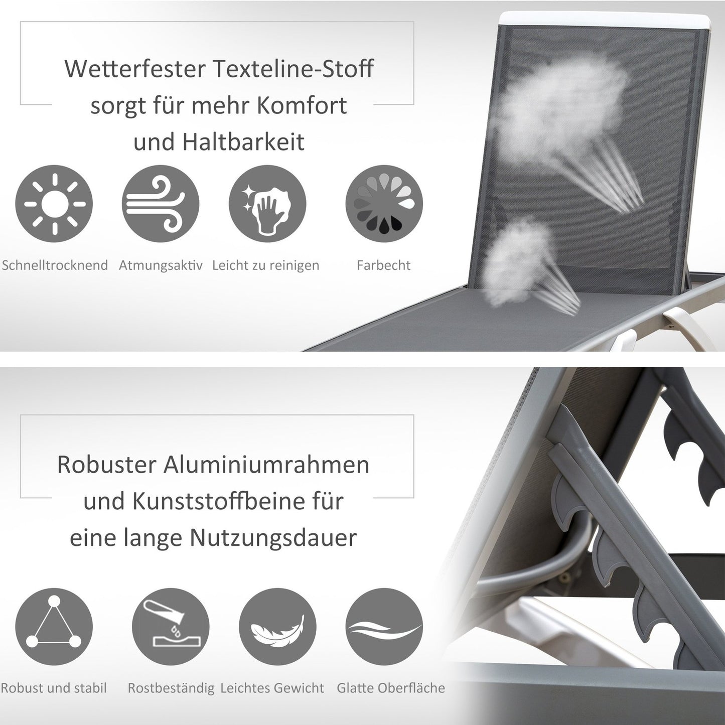 Adjustable sun lounger in aluminum - Ergonomic grey/white