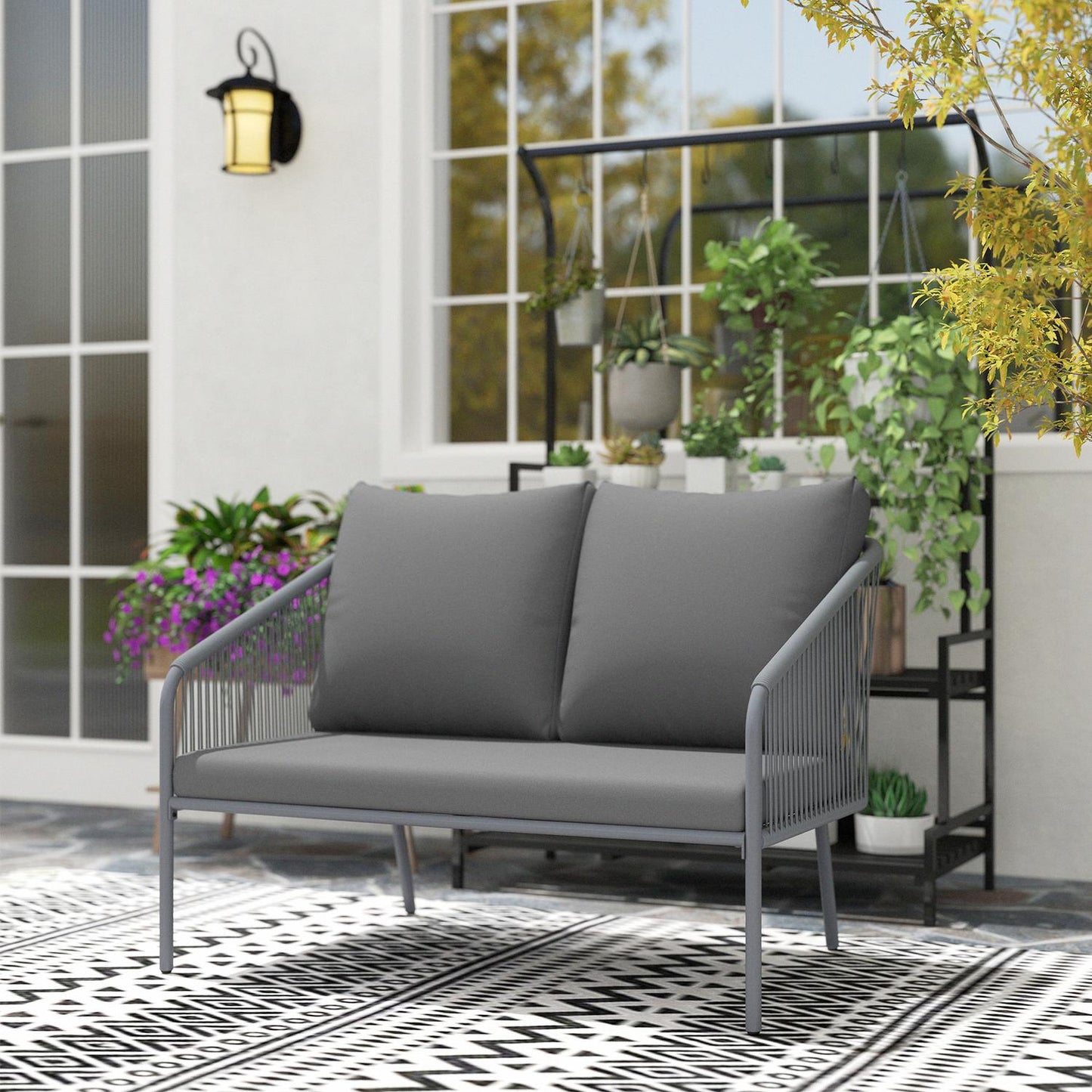 Outdoor rattan 2-seater sofa with cushions, gray