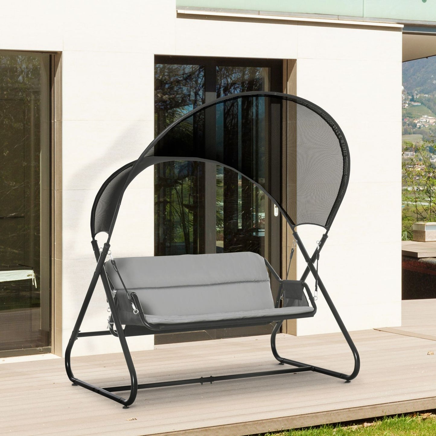 Outdoor Garden Swing Bench for 2 with Cushion - Black