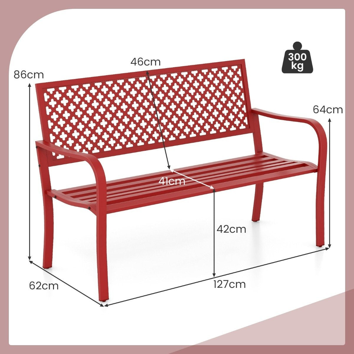 Garden bench metal weatherproof bench for 2-3 seater park bench with backrest and armrest 127 x 62 x 86 cm red