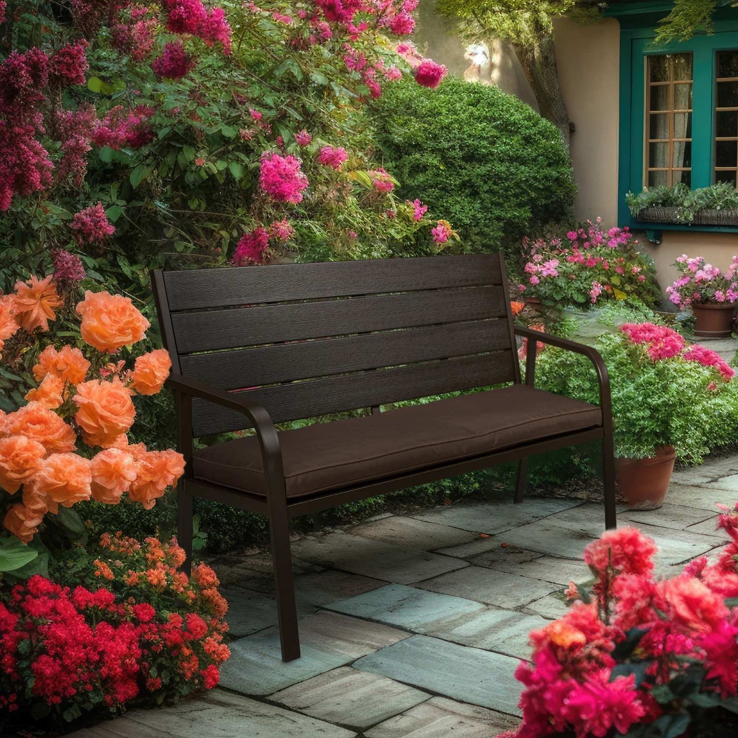 Garden bench with seat cushion