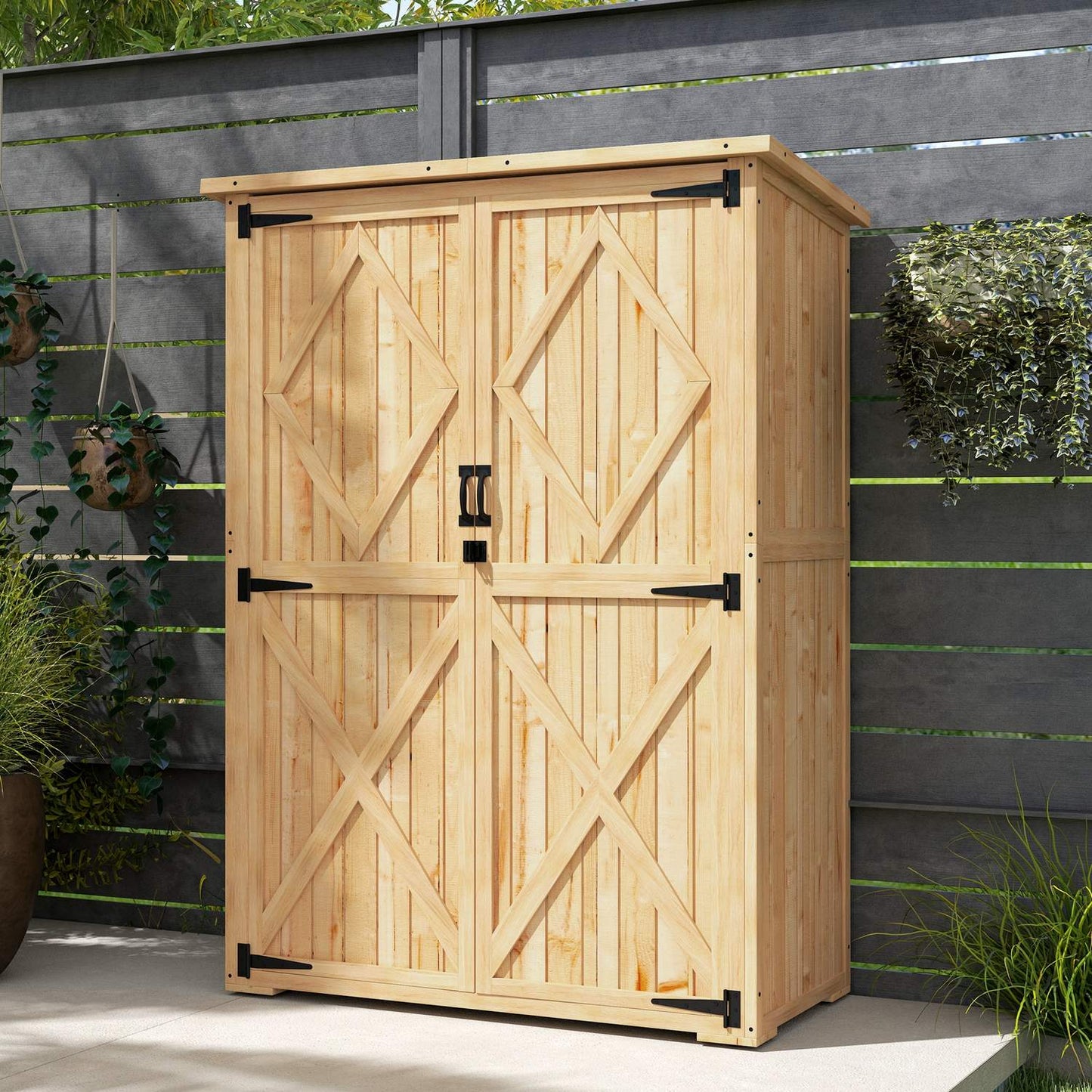 Wooden garden tool cabinet with lockable double doors
