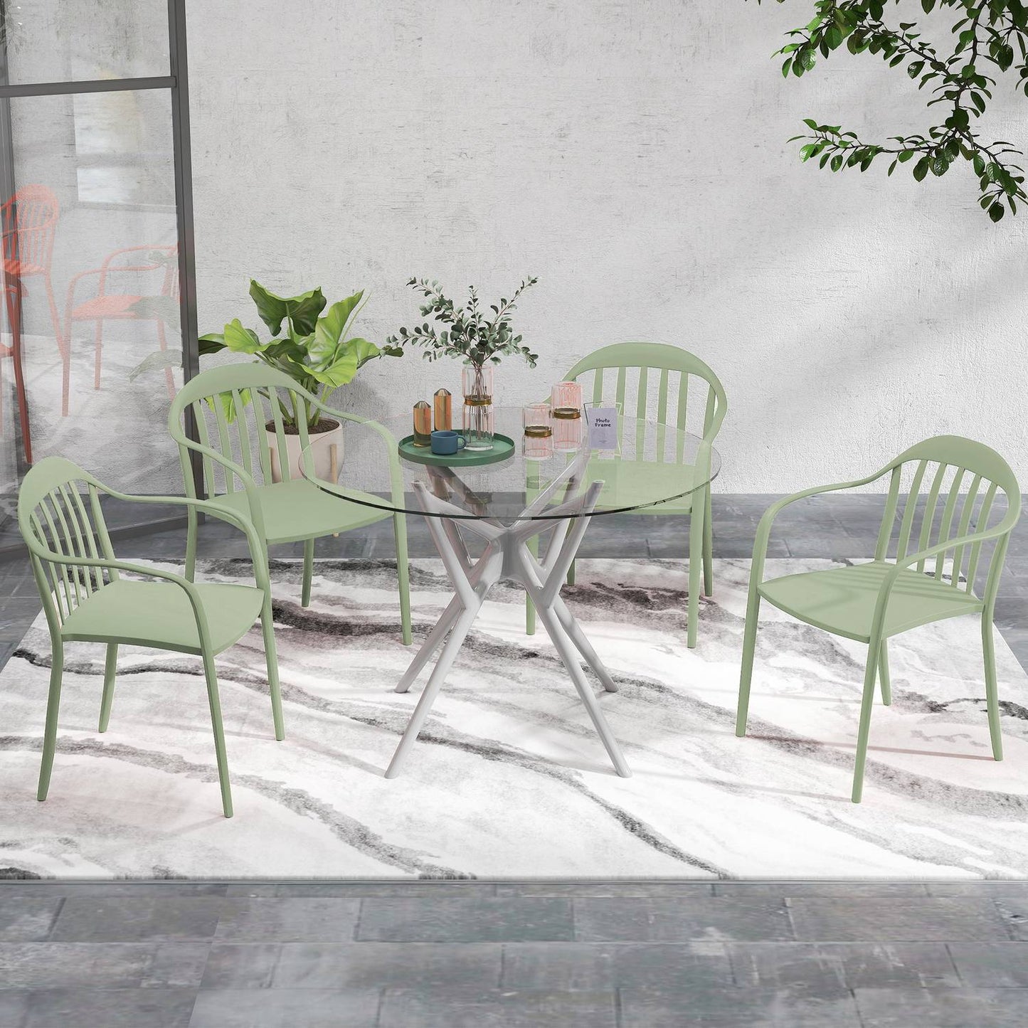Set of 4 weatherproof stackable plastic patio chairs