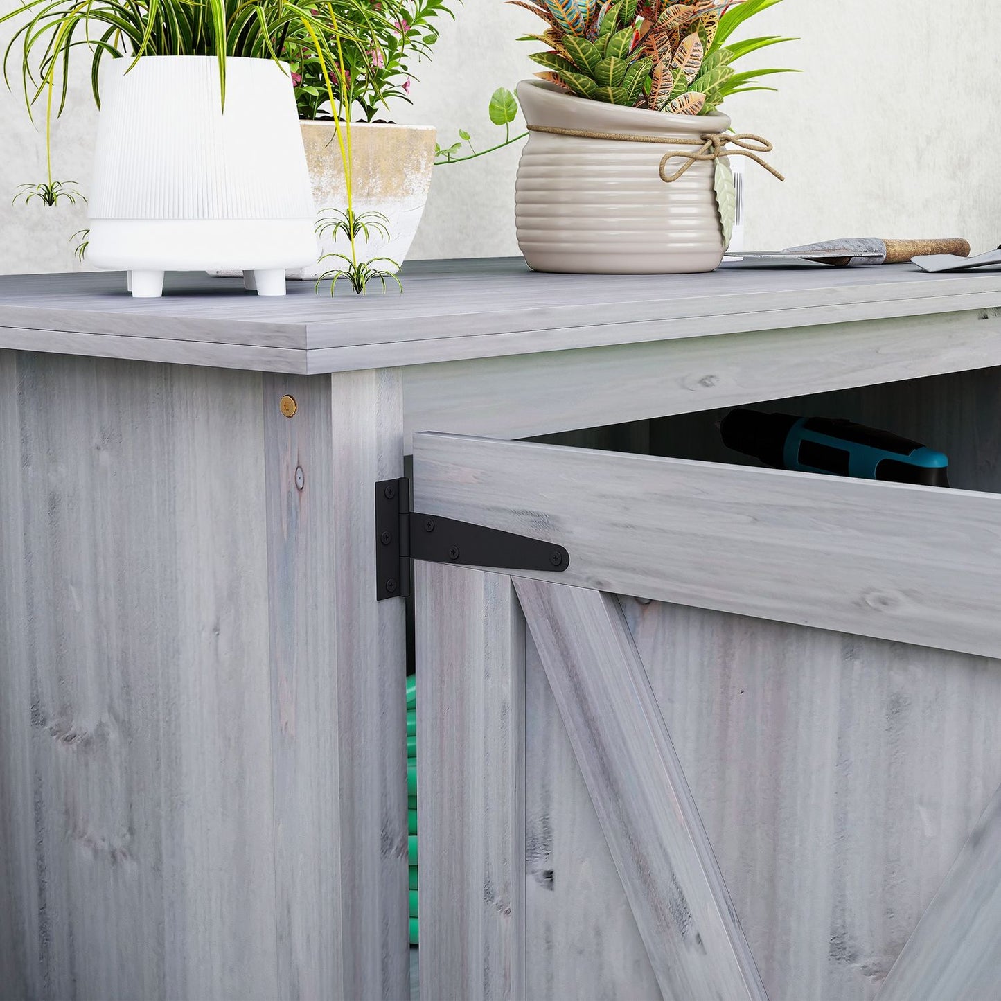 Garden tool shed in wood - weatherproof with shelves 110x60x88.5 cm