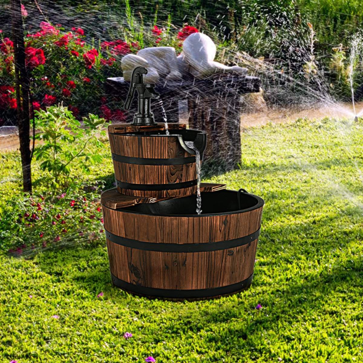 Garden fountain wood fountain wooden fountain wooden barrel with water pump Ø 44.5cm