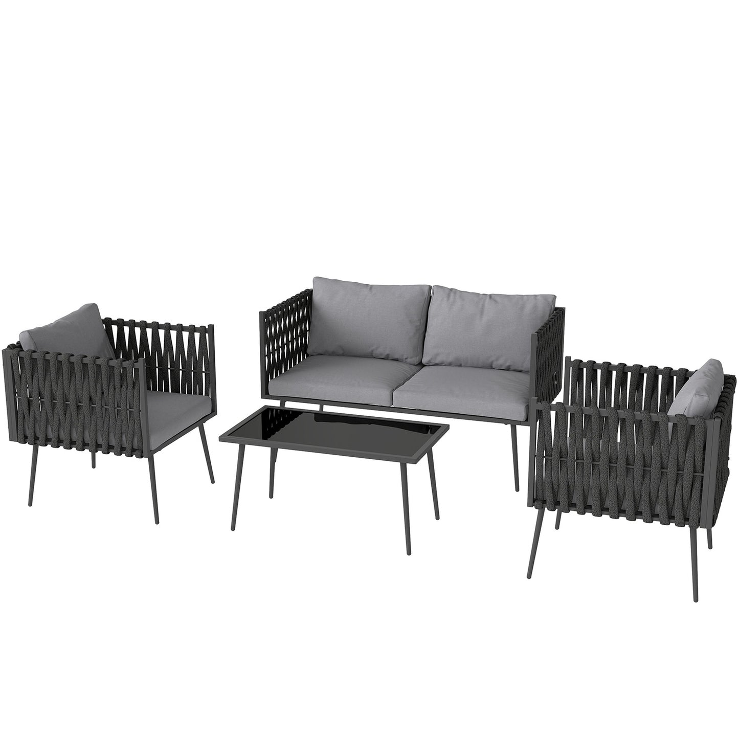 Garden furniture set for 4 people, weatherproof, balcony furniture set with 2-seater sofa, armchair, glass table, seat cushion, light grey