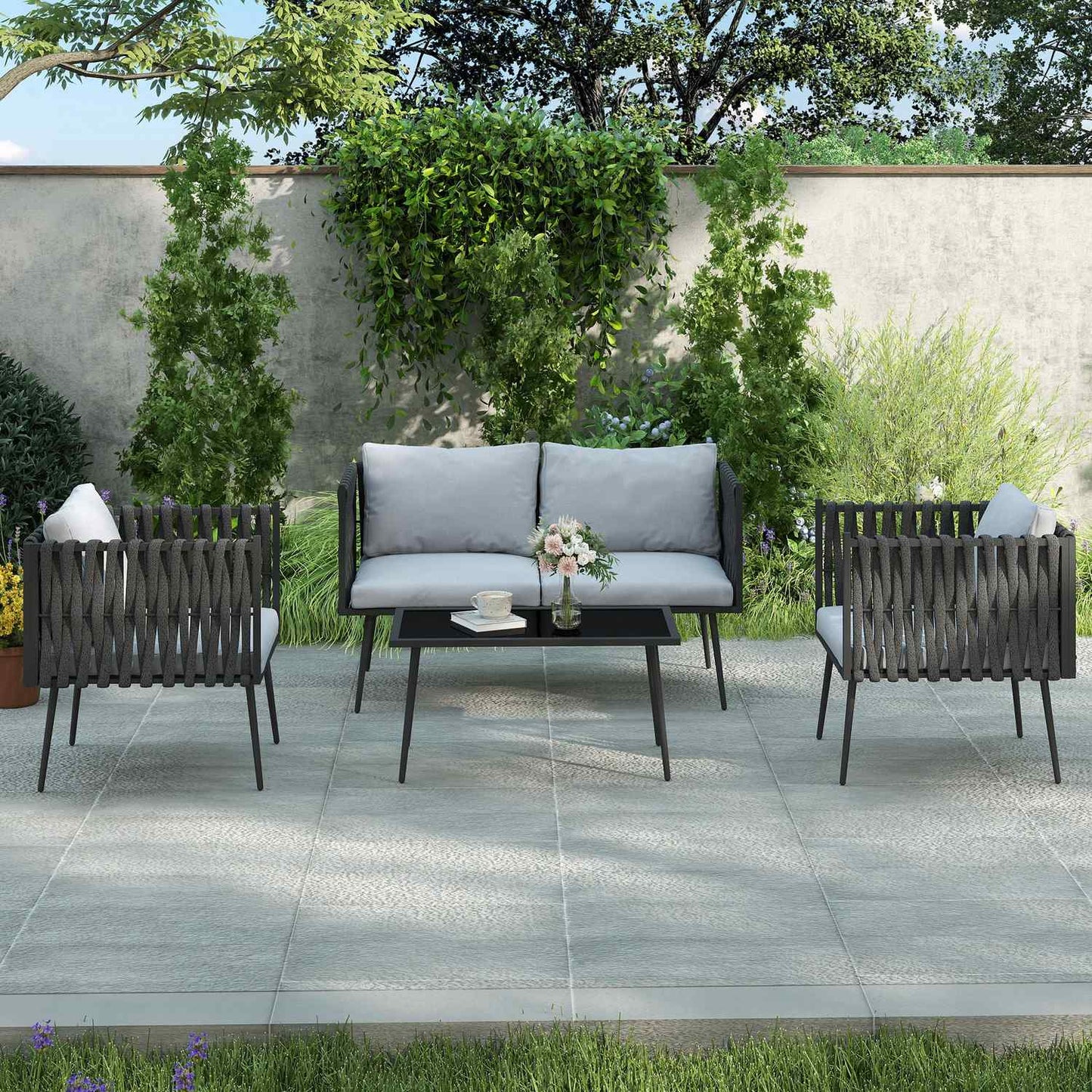 Garden furniture set for 4 people, weatherproof, balcony furniture set with 2-seater sofa, armchair, glass table, seat cushion, light grey