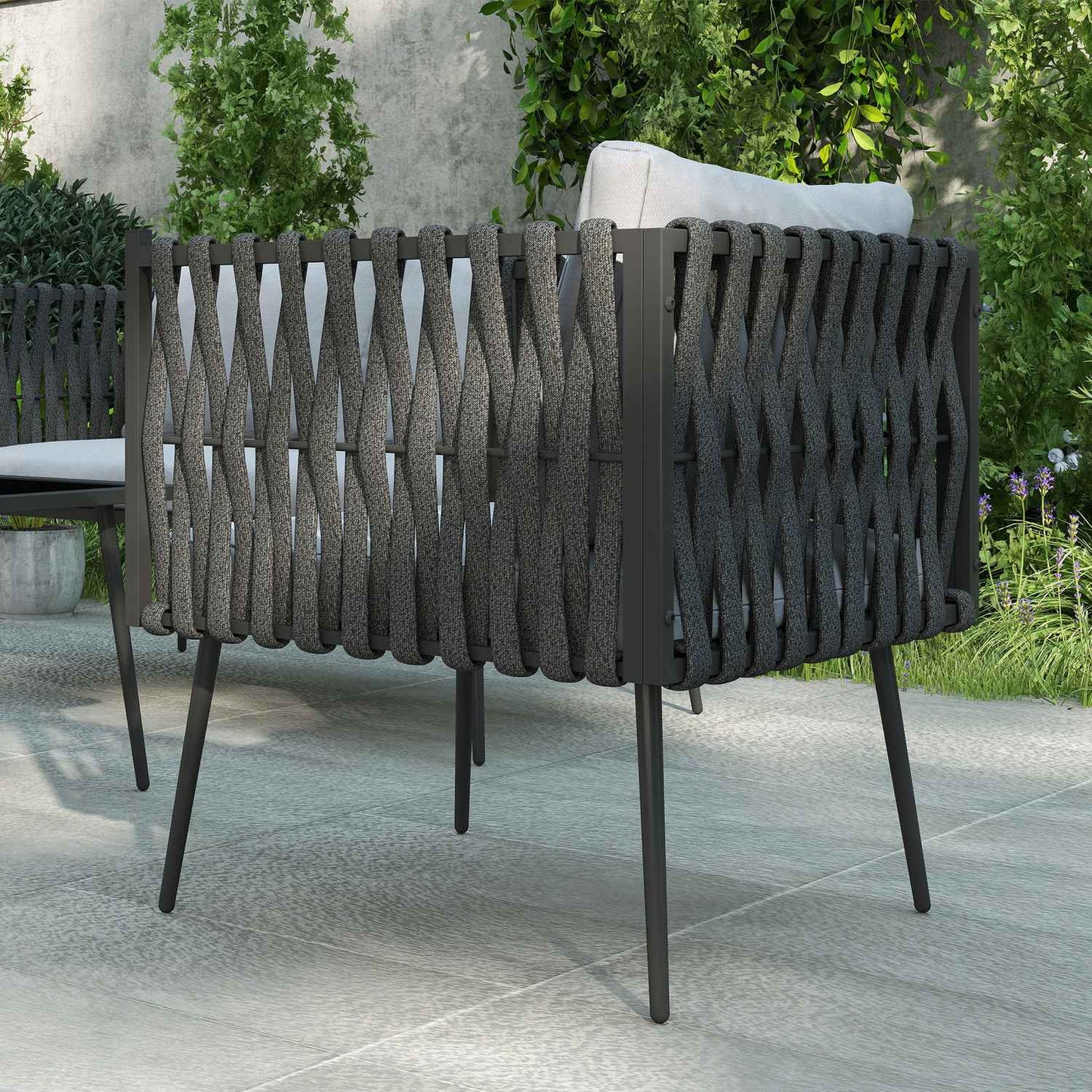 Garden furniture set for 4 people, weatherproof, balcony furniture set with 2-seater sofa, armchair, glass table, seat cushion, light grey
