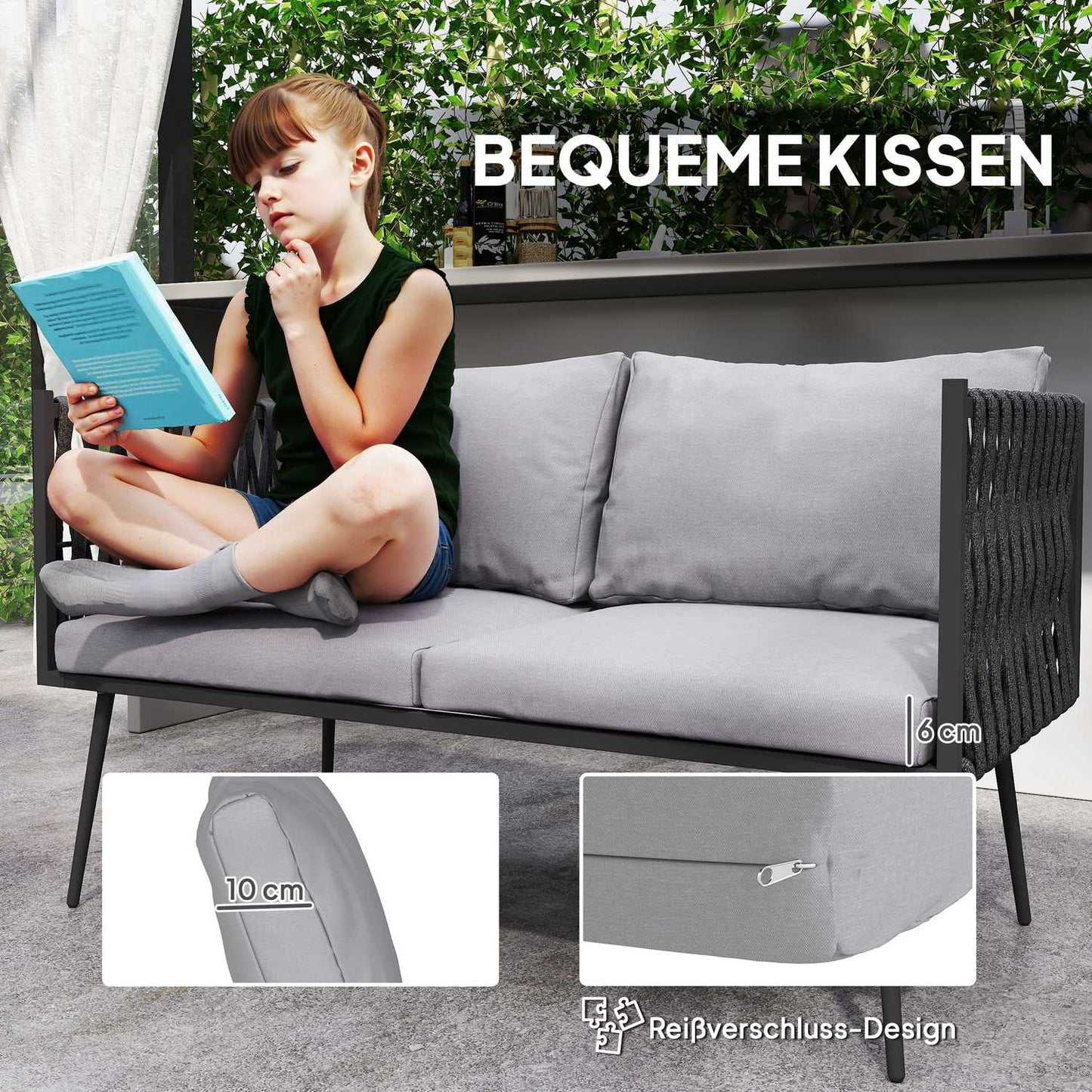 Garden furniture set for 4 people, weatherproof, balcony furniture set with 2-seater sofa, armchair, glass table, seat cushion, light grey
