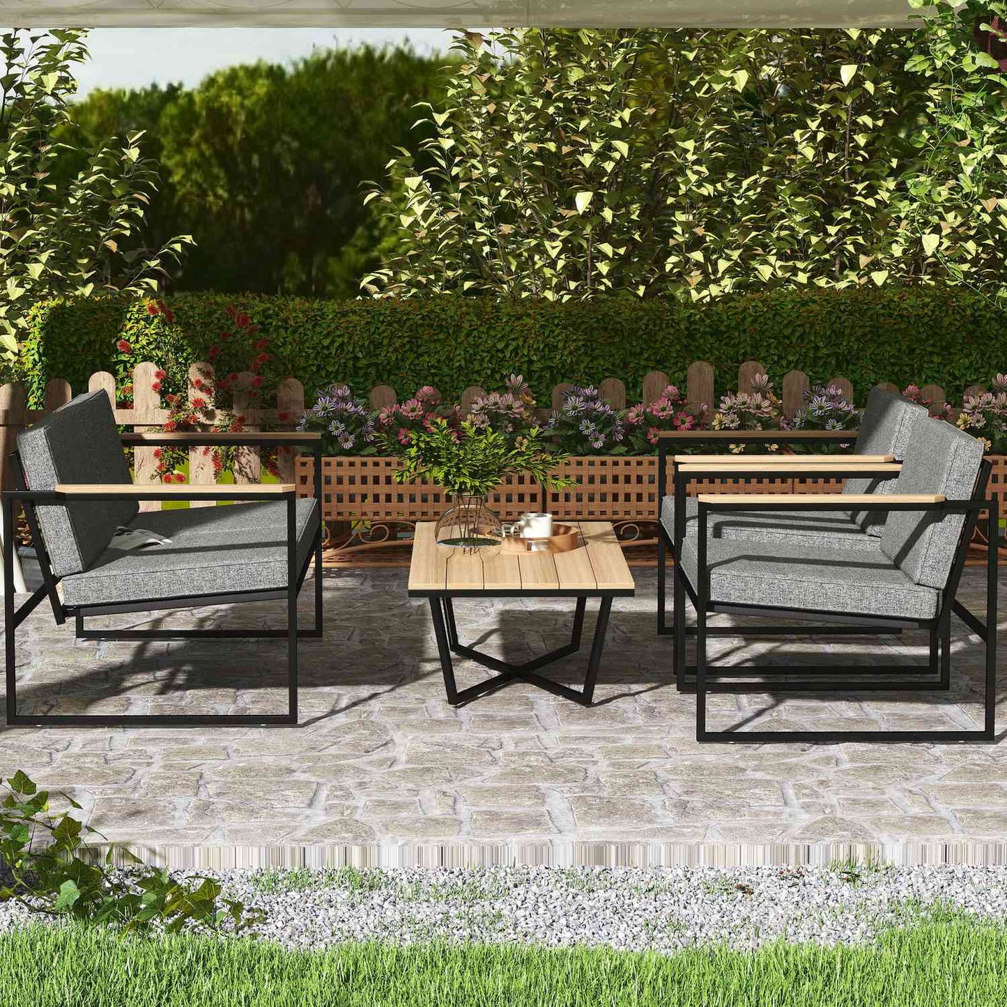 Outdoor garden furniture set for 4, weatherproof with cushions