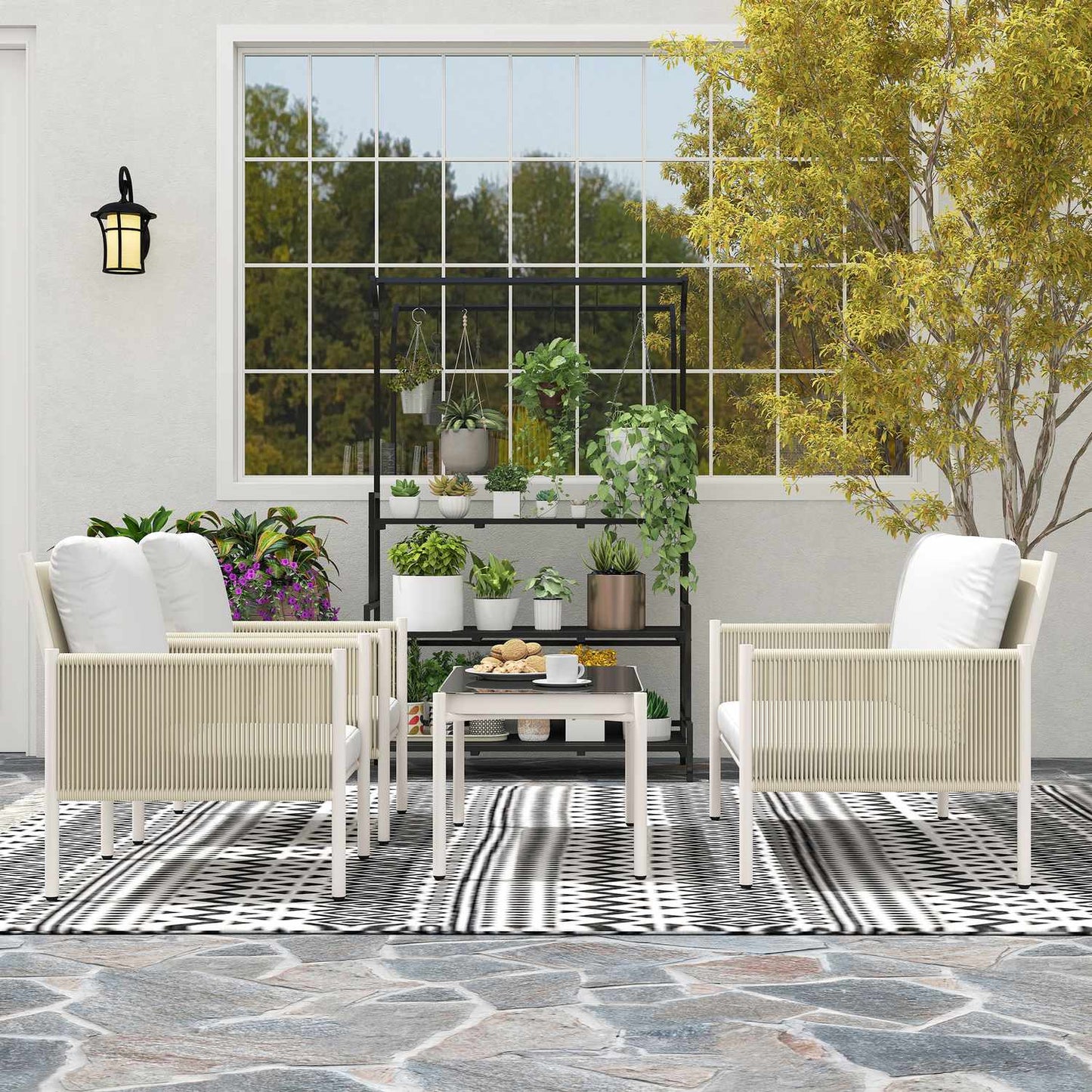 Outdoor poly rattan lounge set with cushions, seats 4