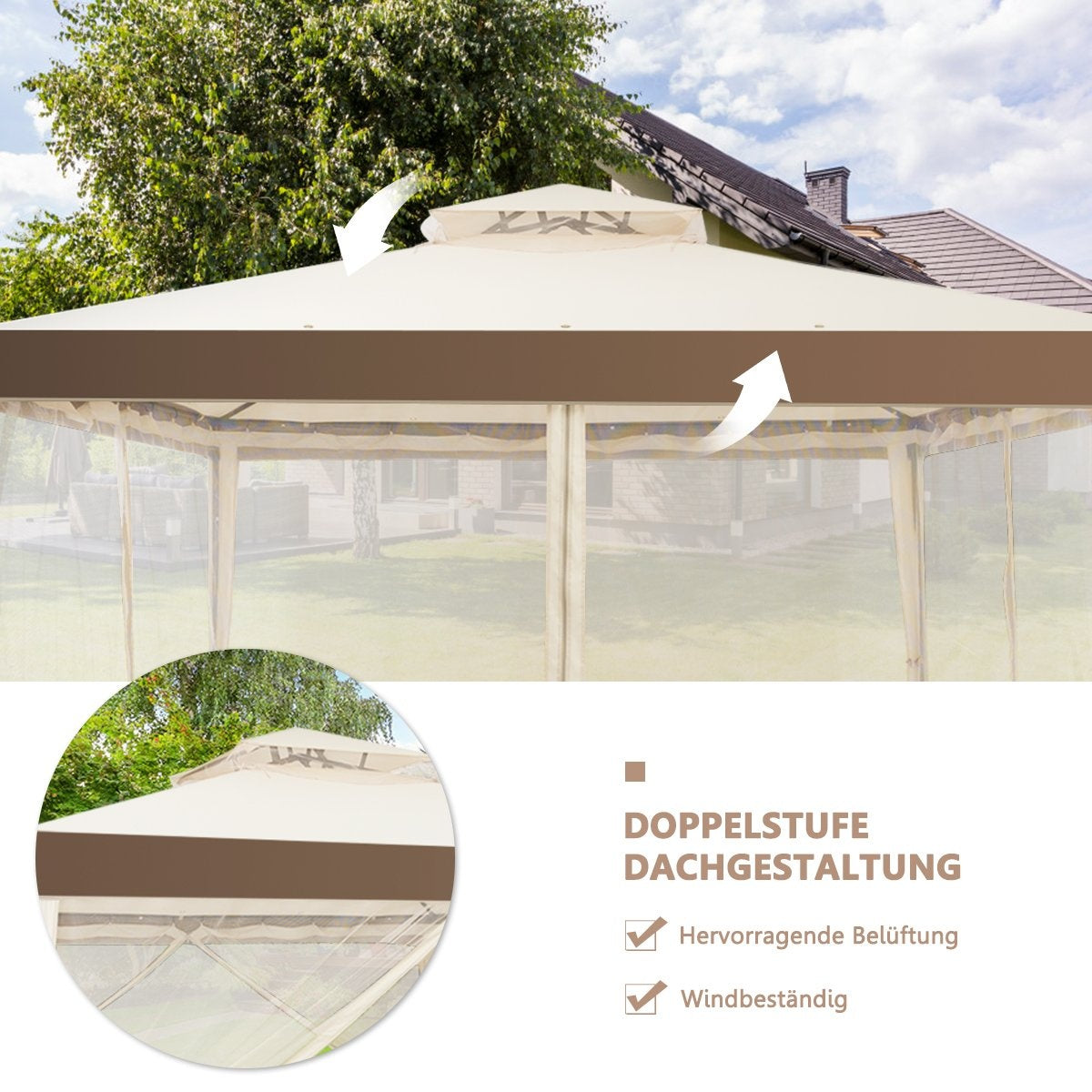Garden pavilion garden tent camping party tent with 4 side walls 300 x 300 x 265 cm beige