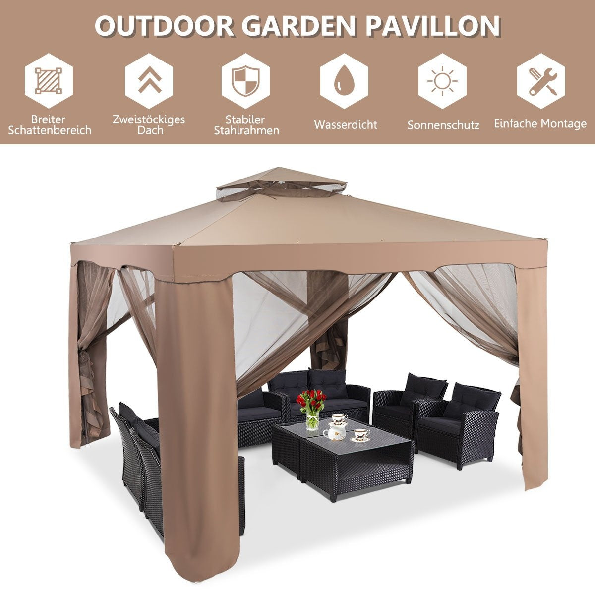 Garden pavilion garden tent camping party tent with 4 side walls 300 x 300 x 265 cm brown