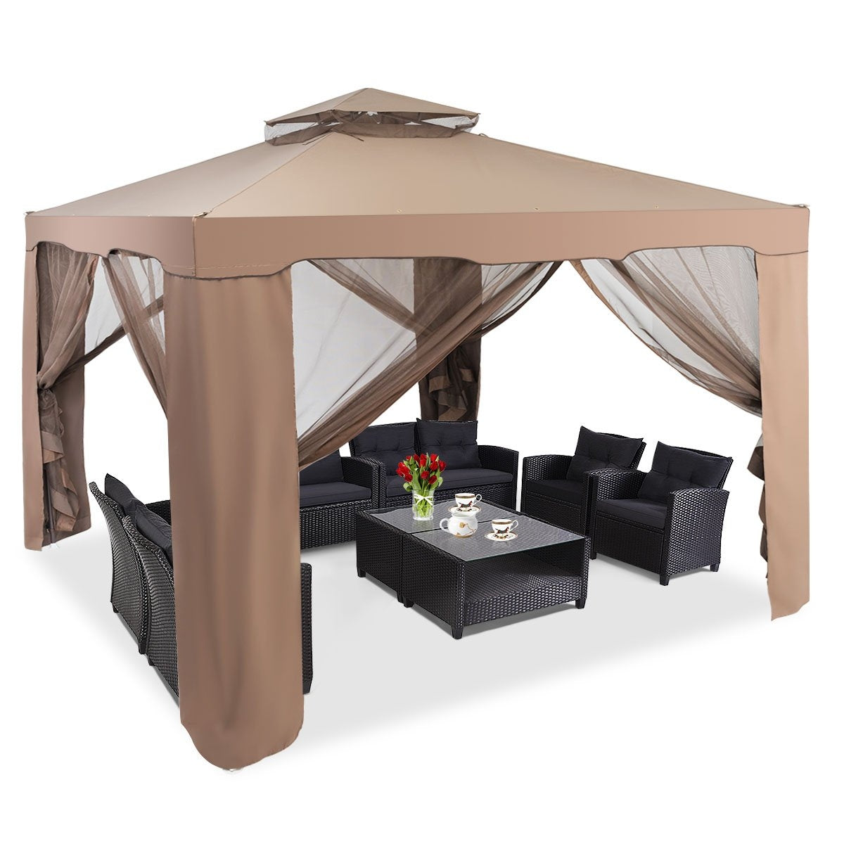 Garden pavilion garden tent camping party tent with 4 side walls 300 x 300 x 265 cm brown