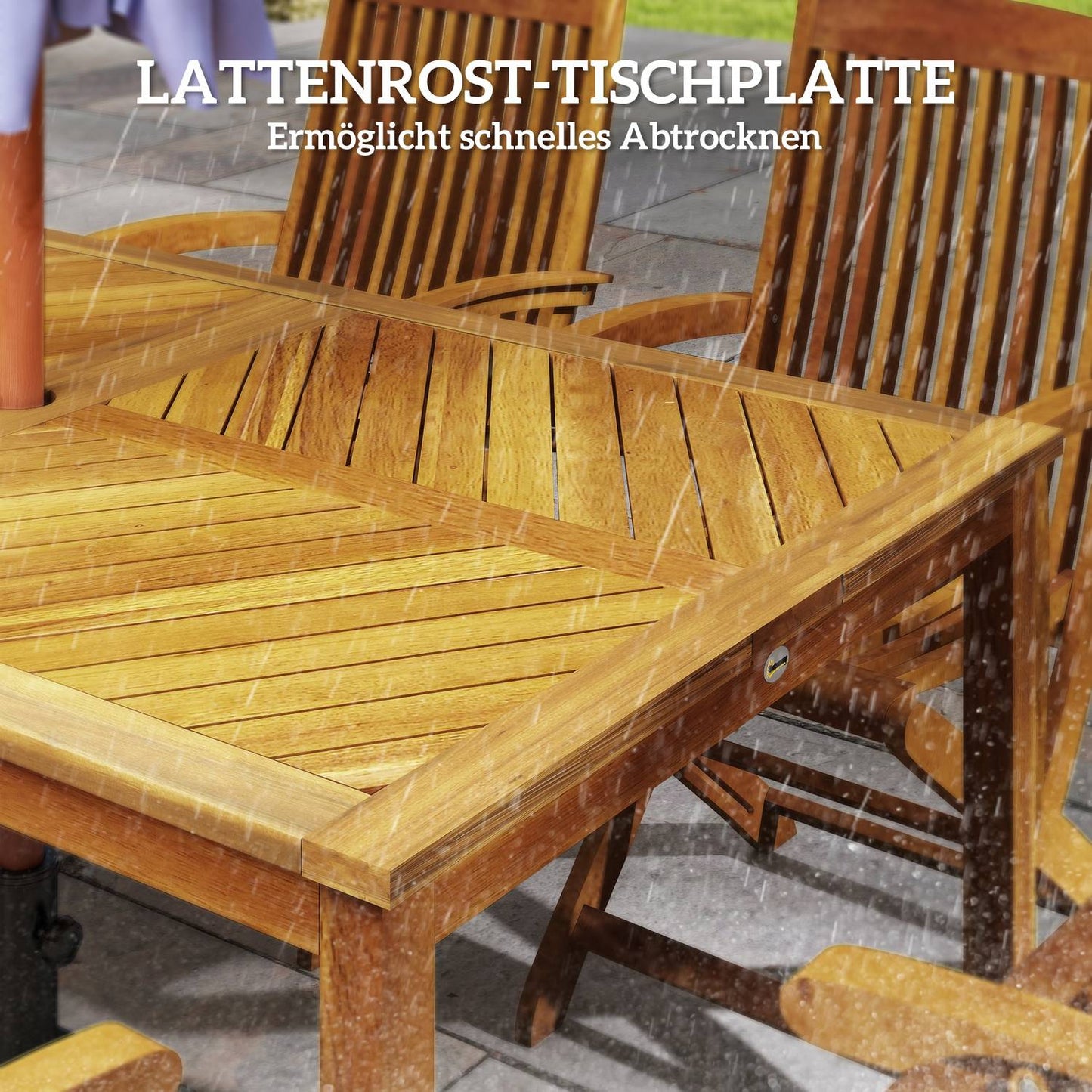 Garden table 150x85cm, weatherproof balcony table made of wood, 6 people with umbrella hole, slat design natural wood
