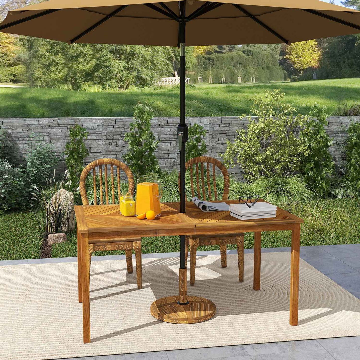 Garden table 150x85cm, weatherproof balcony table made of wood, 6 people with umbrella hole, slat design natural wood