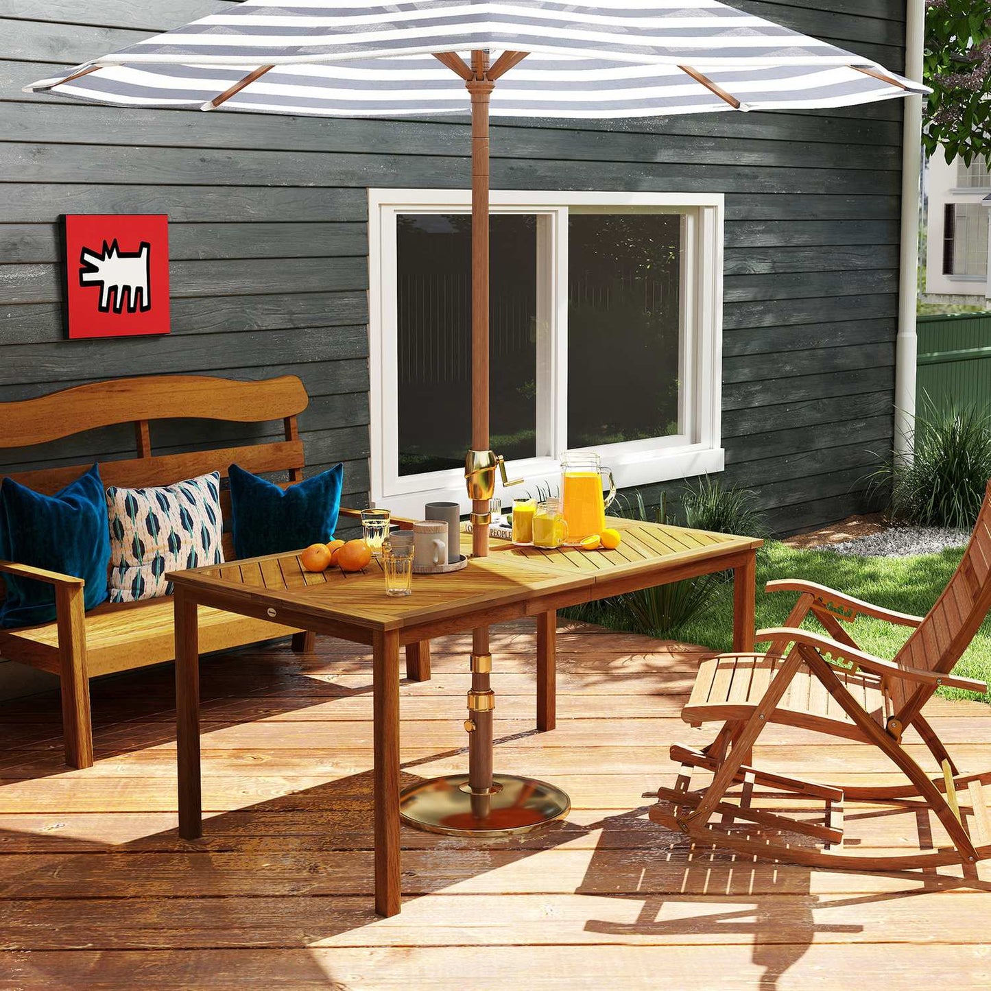 Garden table 150x85cm, weatherproof balcony table made of wood, 6 people with umbrella hole, slat design natural wood