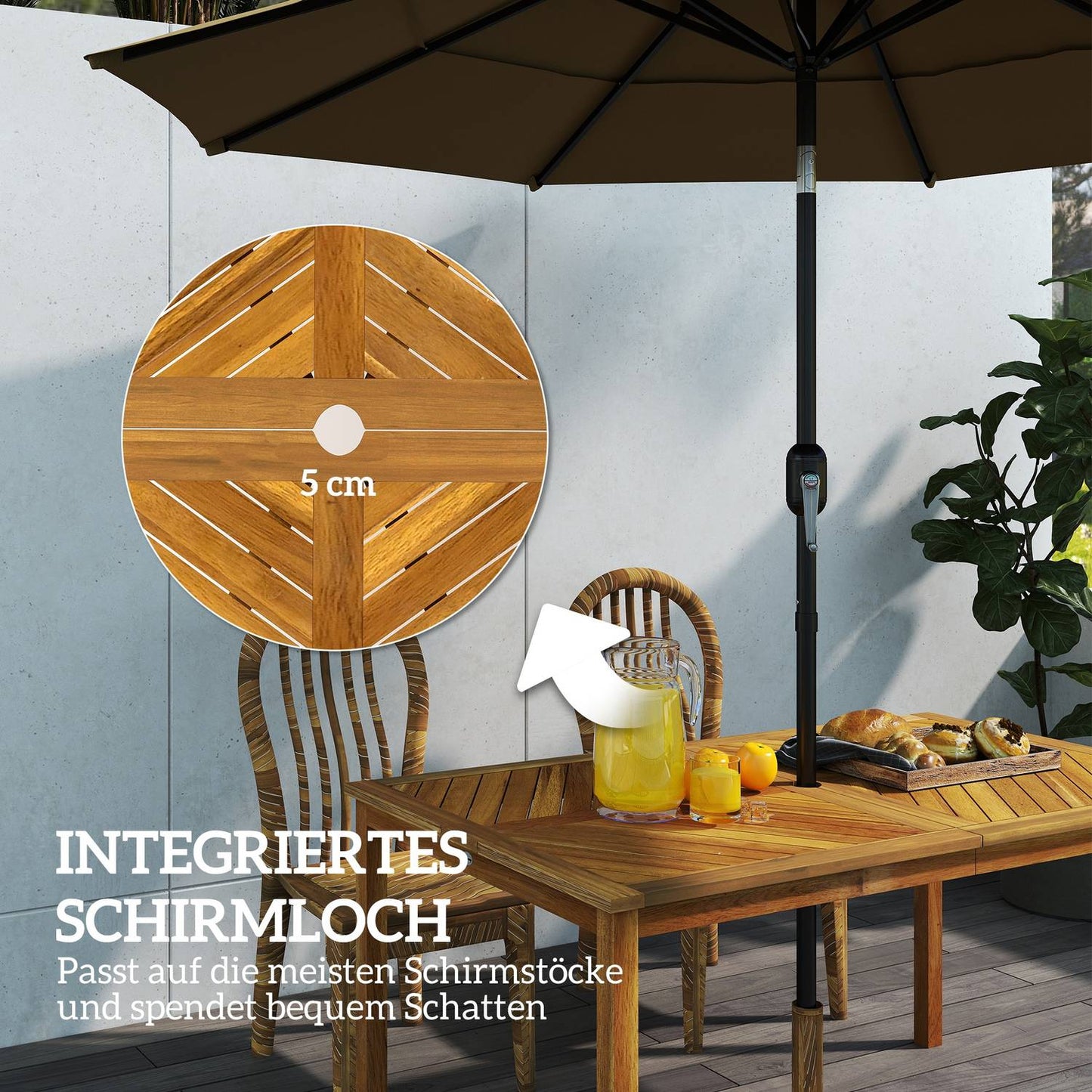 Garden table 150x85cm, weatherproof balcony table made of wood, 6 people with umbrella hole, slat design natural wood