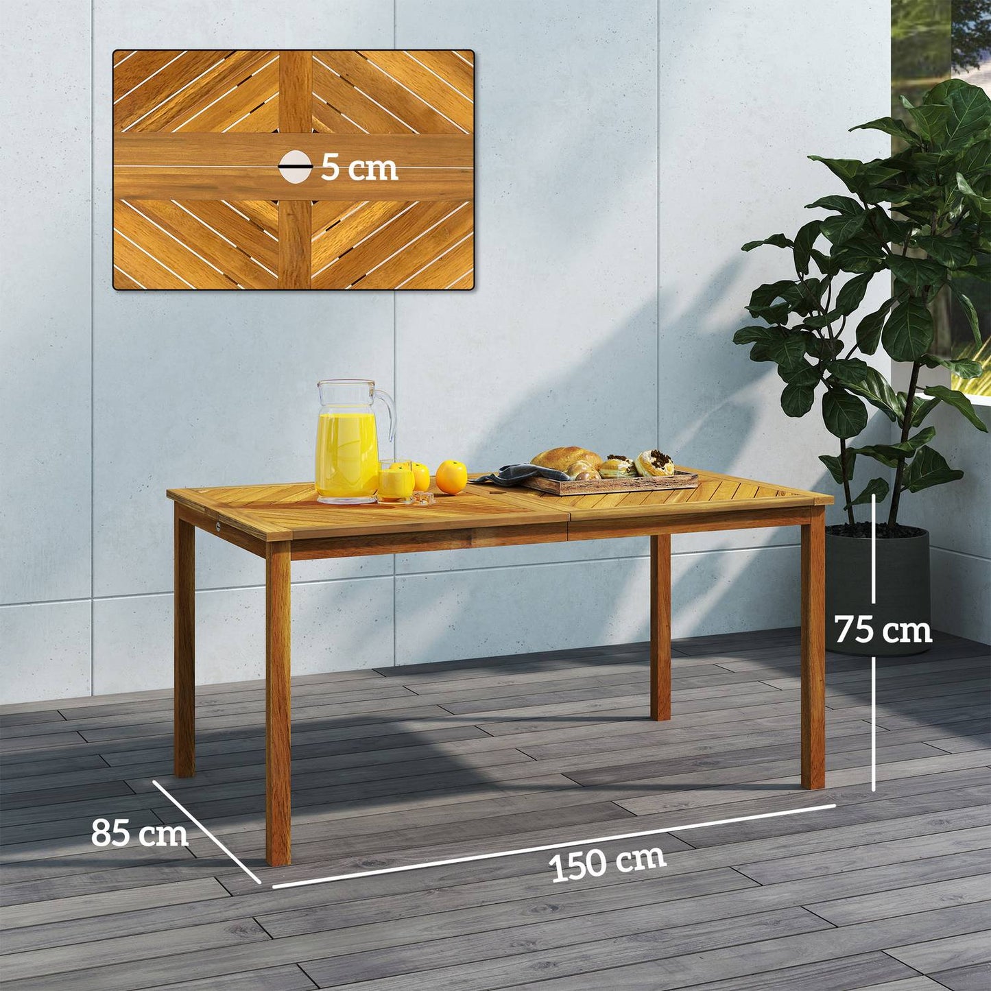 Garden table 150x85cm, weatherproof balcony table made of wood, 6 people with umbrella hole, slat design natural wood