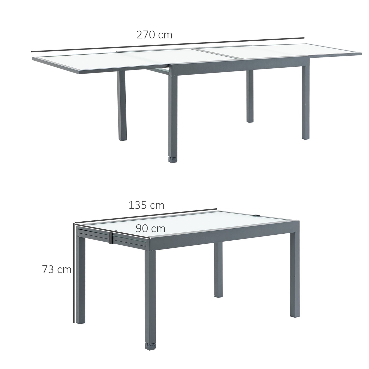 Extendable garden dining table, tempered glass, aluminium