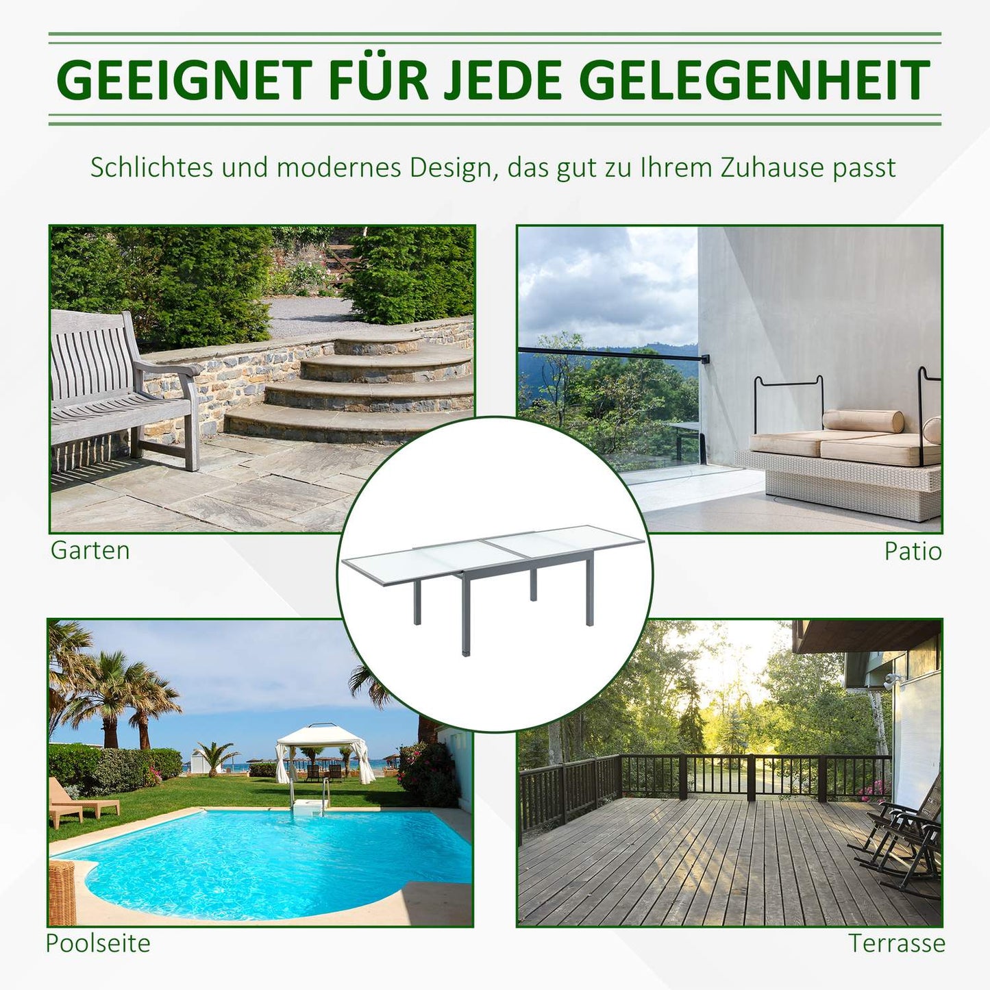 Extendable garden dining table, tempered glass, aluminium