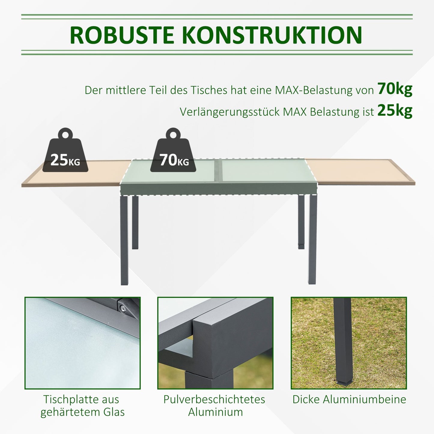 Extendable garden dining table, tempered glass, aluminium