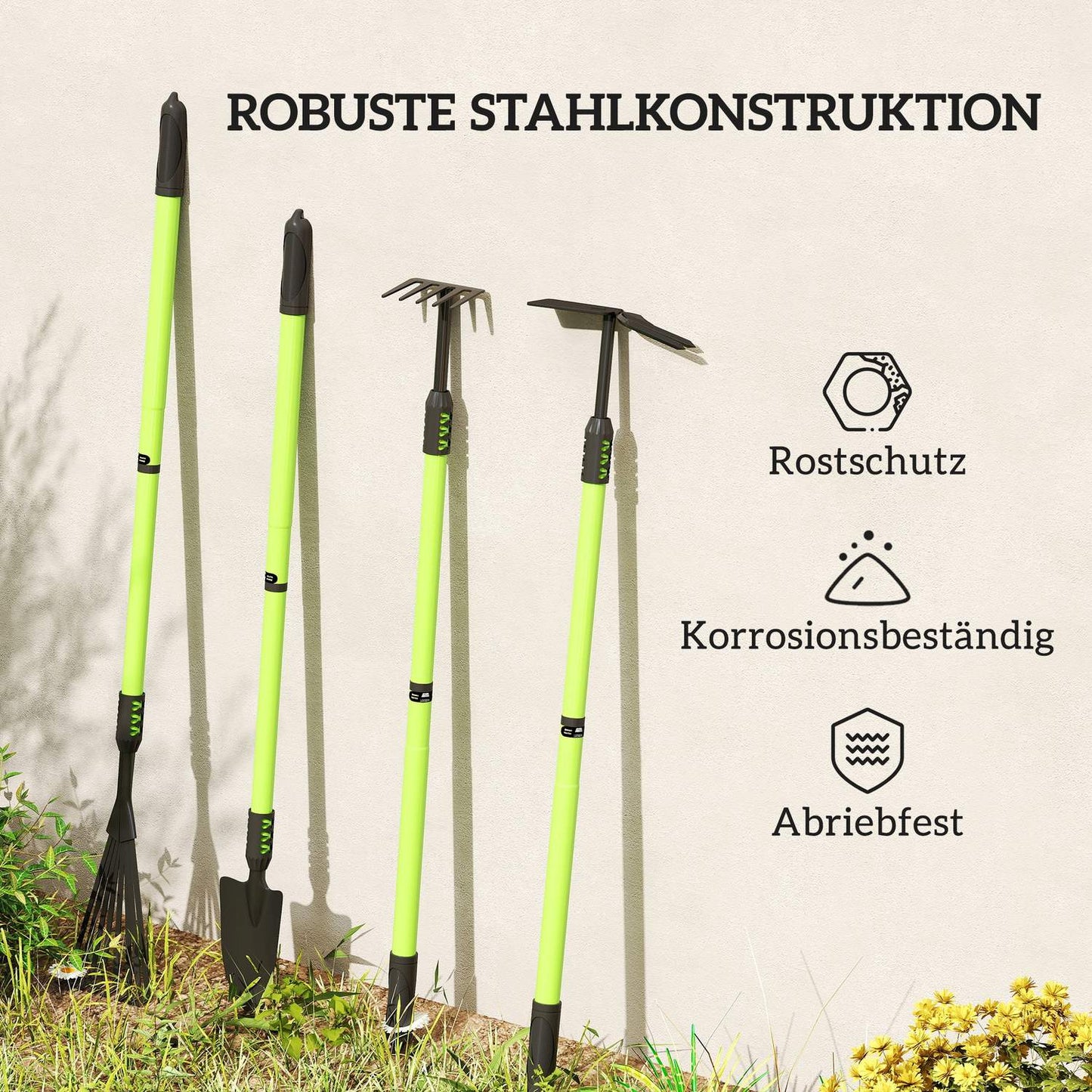 Garden tool set 4 pieces garden tool set with shovel garden hoe garden rake leaf rake green