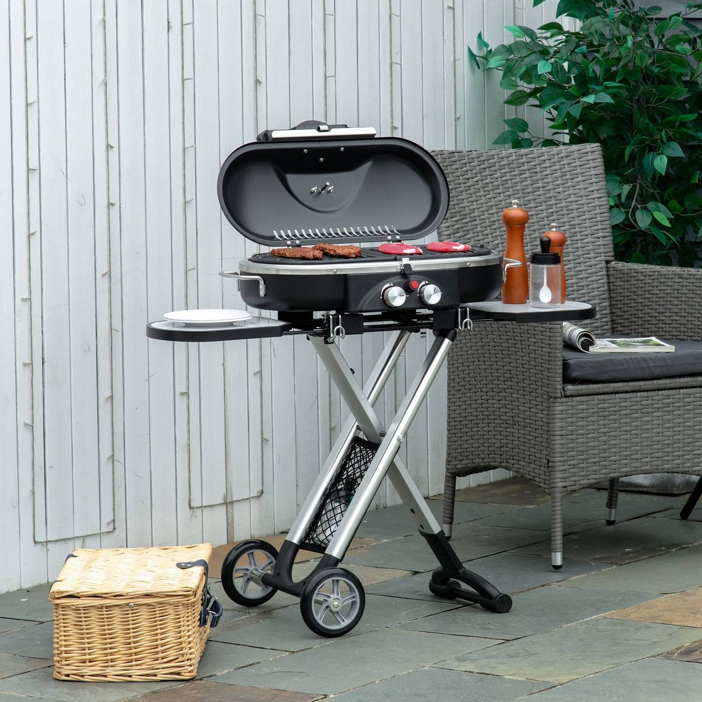 Gas grill BBQ Cart, foldable 2 burners, stainless steel