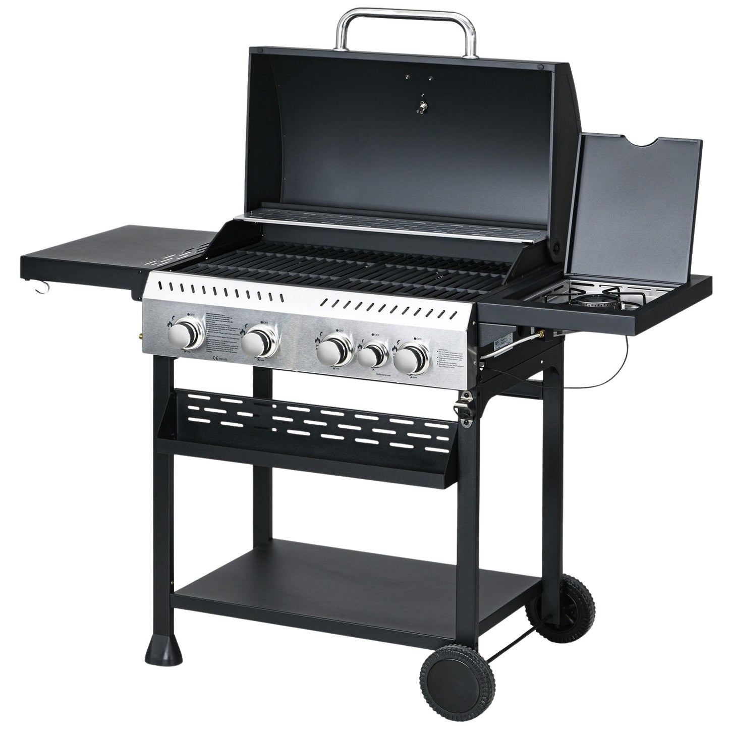 Gas grill cart, 4+1 burner, thermometer, wheels, black