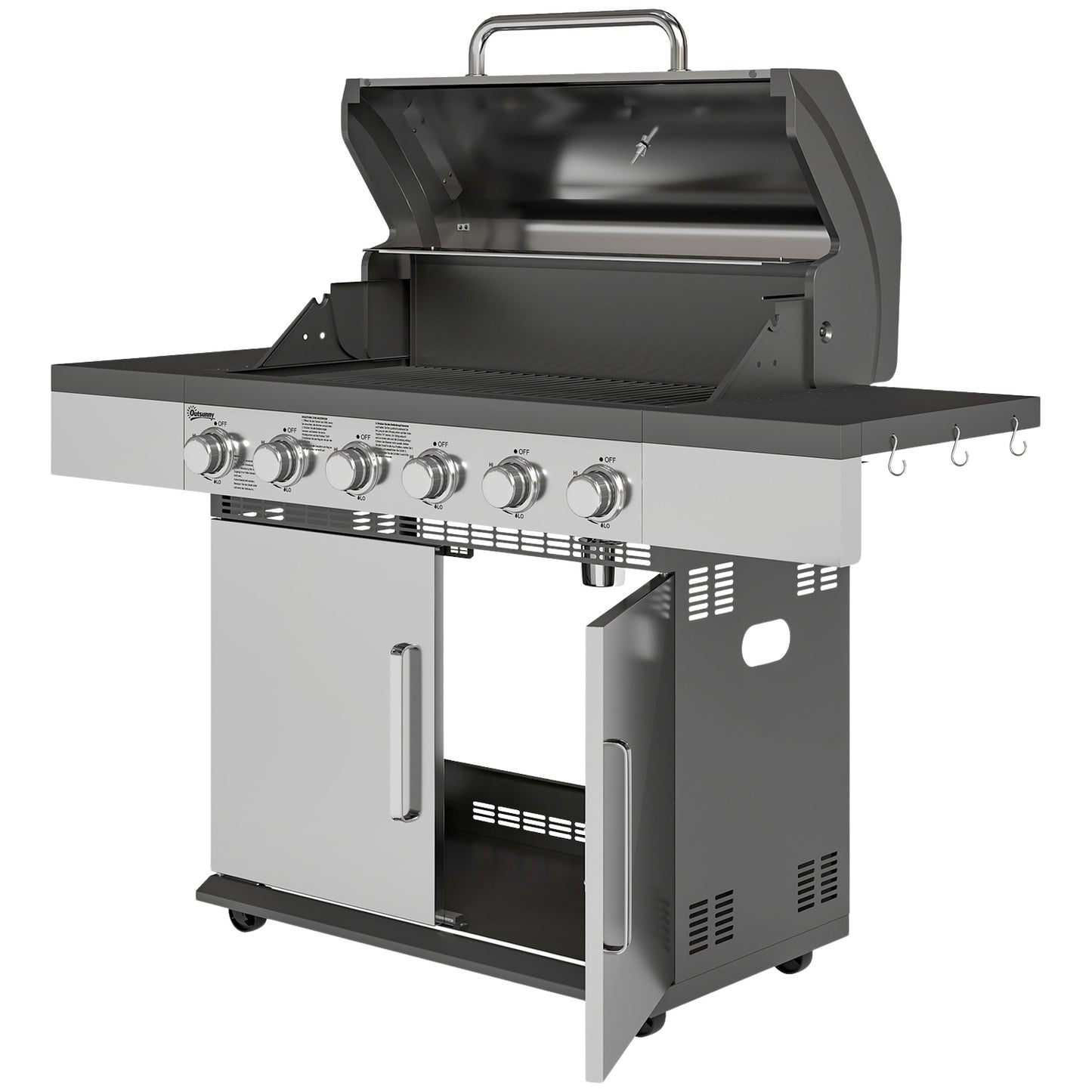 Gas grill with 6 burners, side shelves and thermometer
