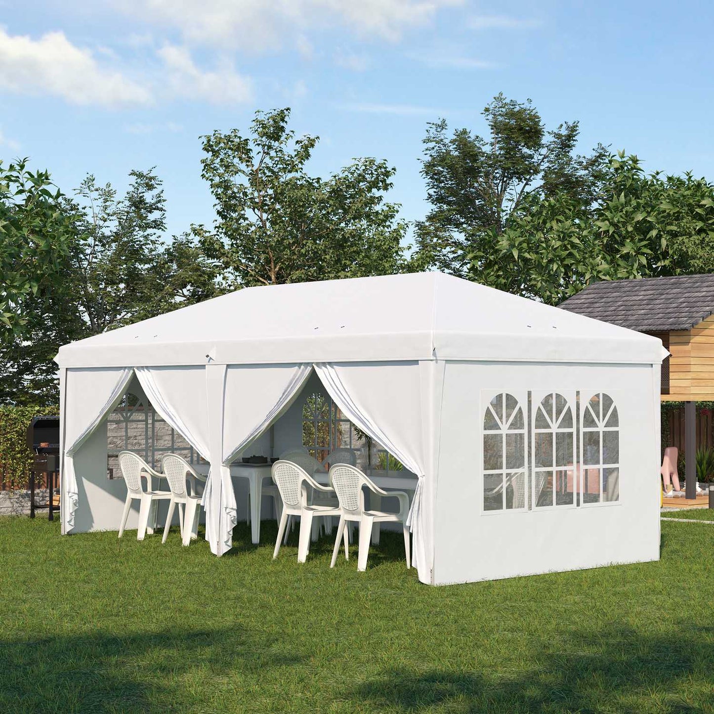 Collapsible garden pavilion with side walls and UV protection