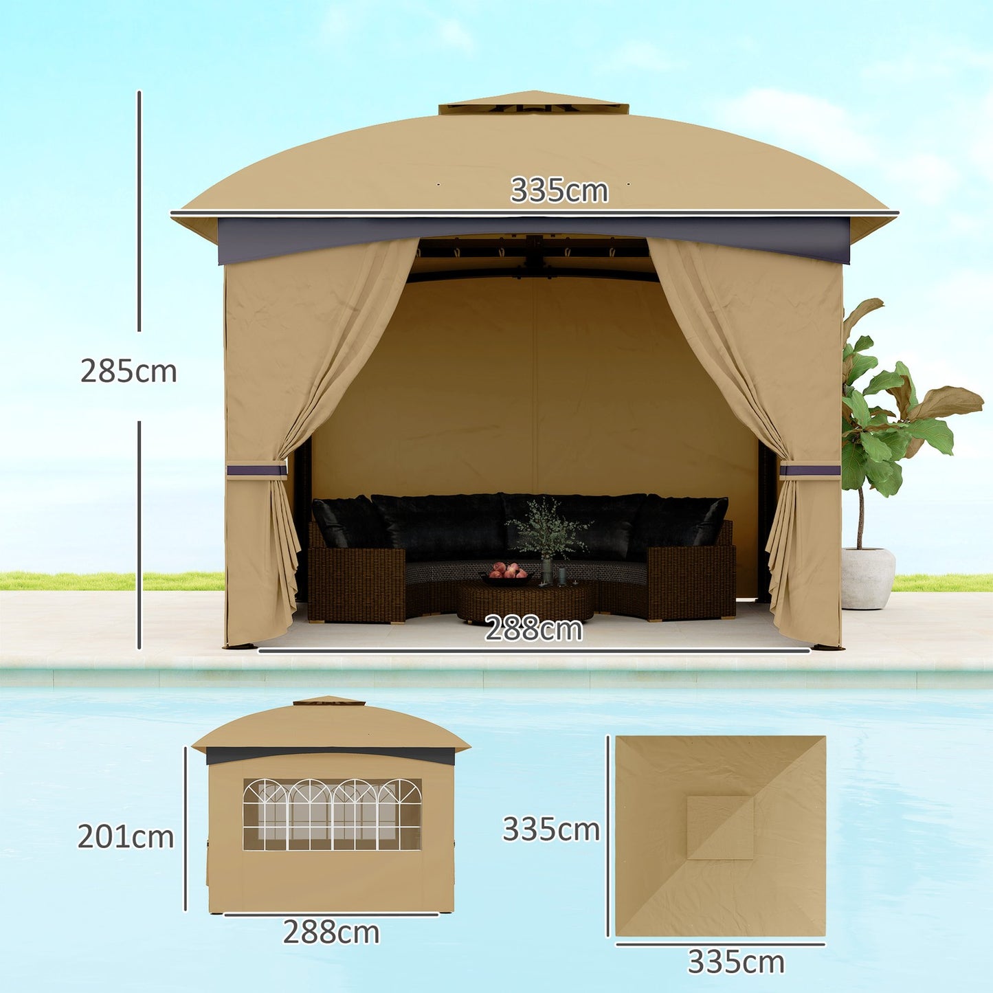Water-repellent garden pavilion 3.4x3.4 m with UV protection