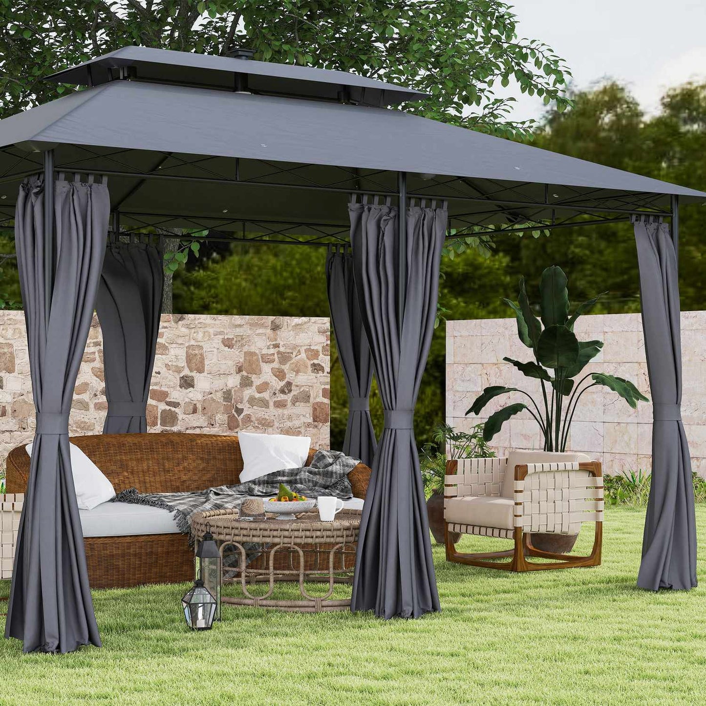 Metal Gazebo 4x3m, Double Roof, Solar LED, Dark Grey
