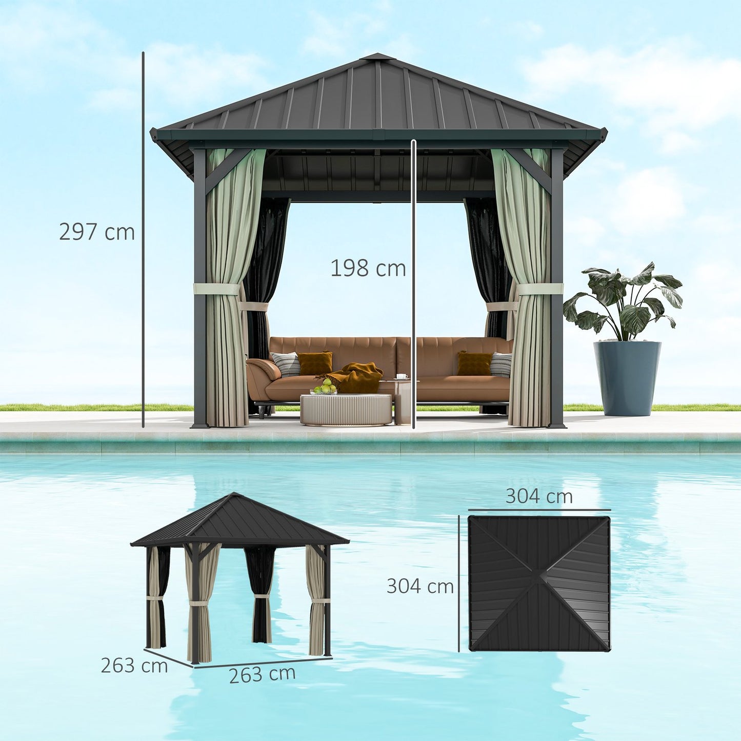 Dark gray Metal Gazebo, 3x3m, Waterproof & Winterproof