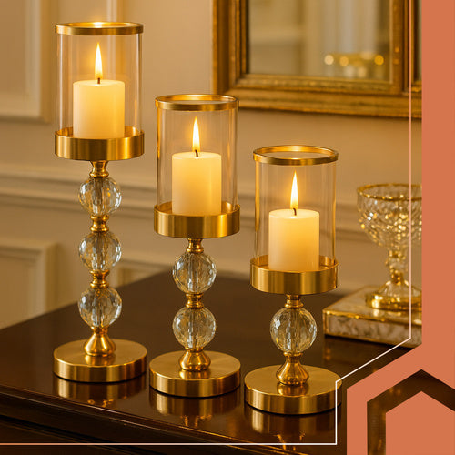 Glass Candle Holder Set of 3 – Gold, Mirror Inserts