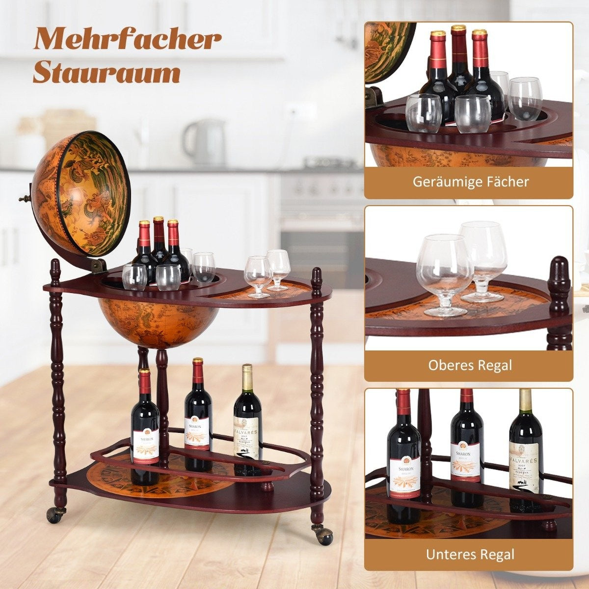 Globe bar made of eucalyptus wood on 3 wheels for opening. Home bar bottle rack