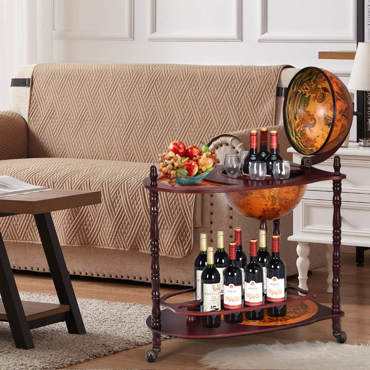 Globe bar made of eucalyptus wood on 3 wheels for opening. Home bar bottle rack