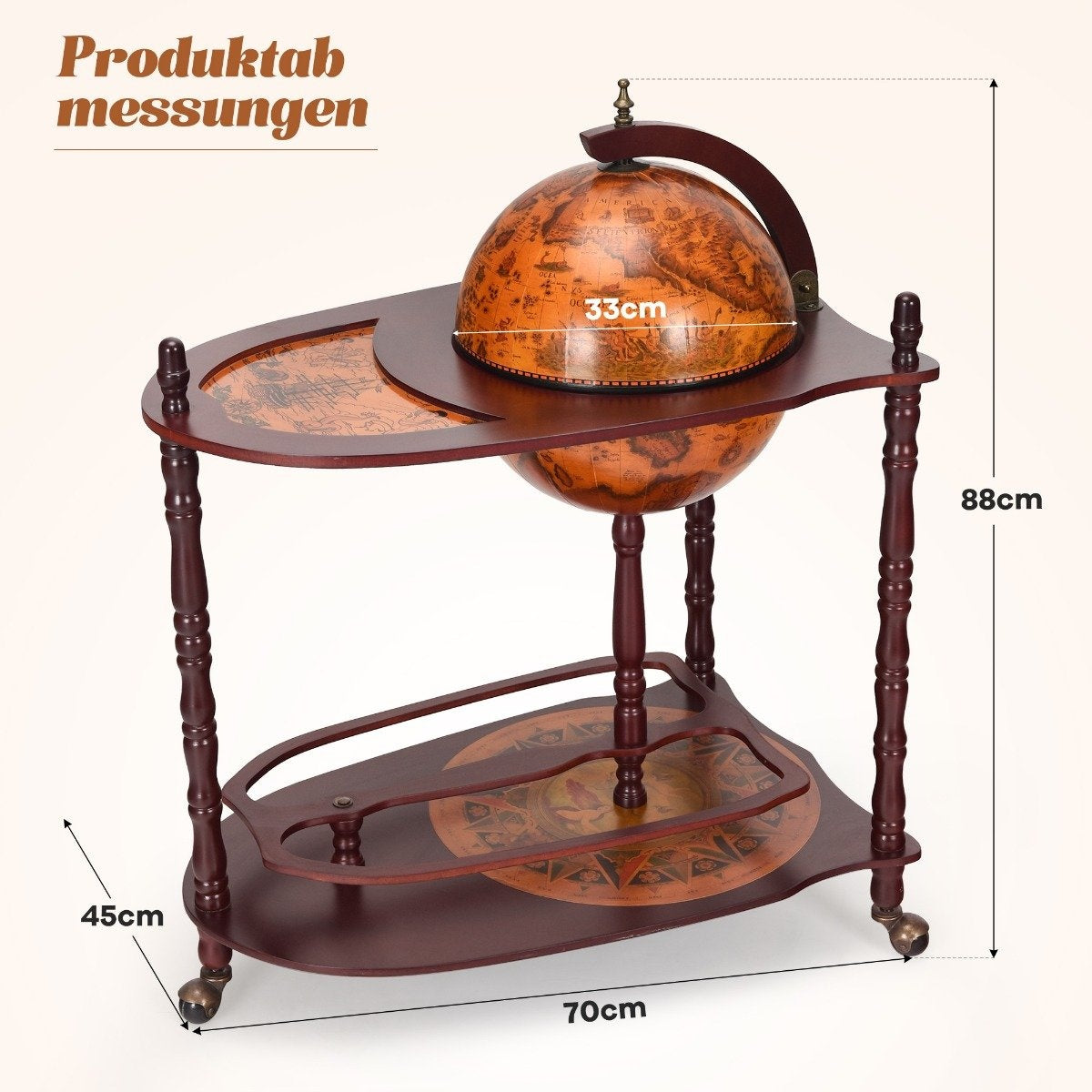 Globe bar made of eucalyptus wood on 3 wheels for opening. Home bar bottle rack