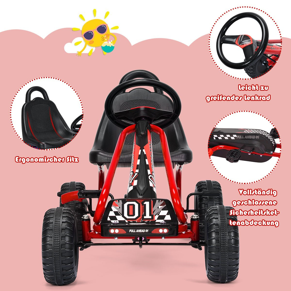 Go-kart with adjustable seat and handbrake, pedal car with a load capacity of up to 30 kg, pedal go cart red