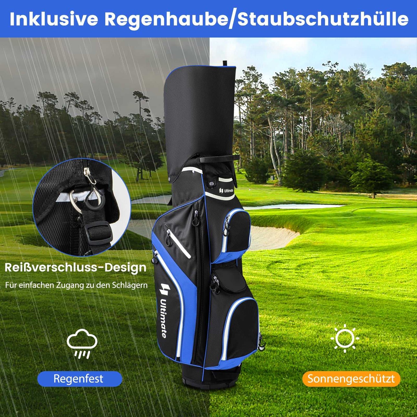 Golf Cart Bag with 14 Dividers, Rain Cover, Blue